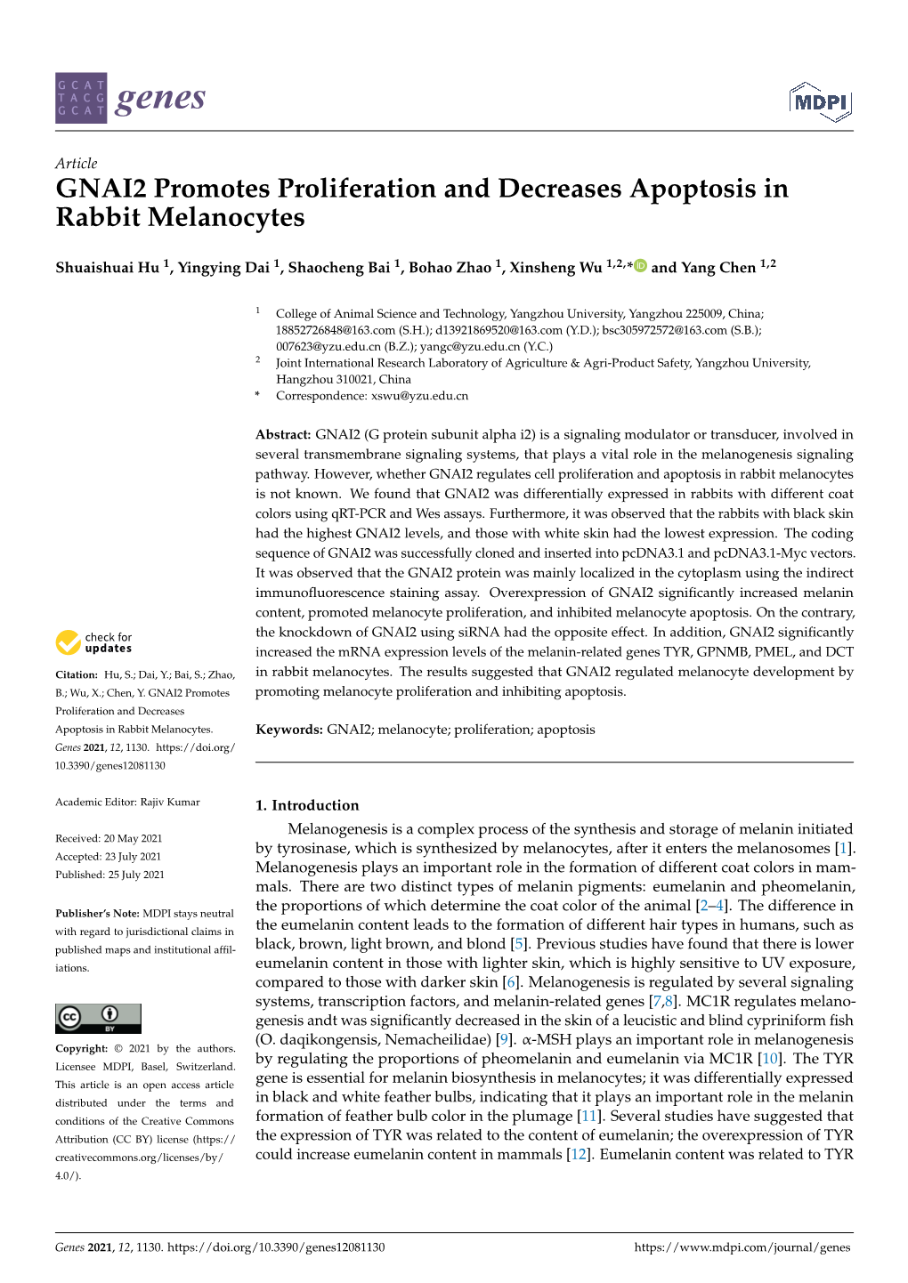 GNAI2 Promotes Proliferation and Decreases Apoptosis in Rabbit Melanocytes