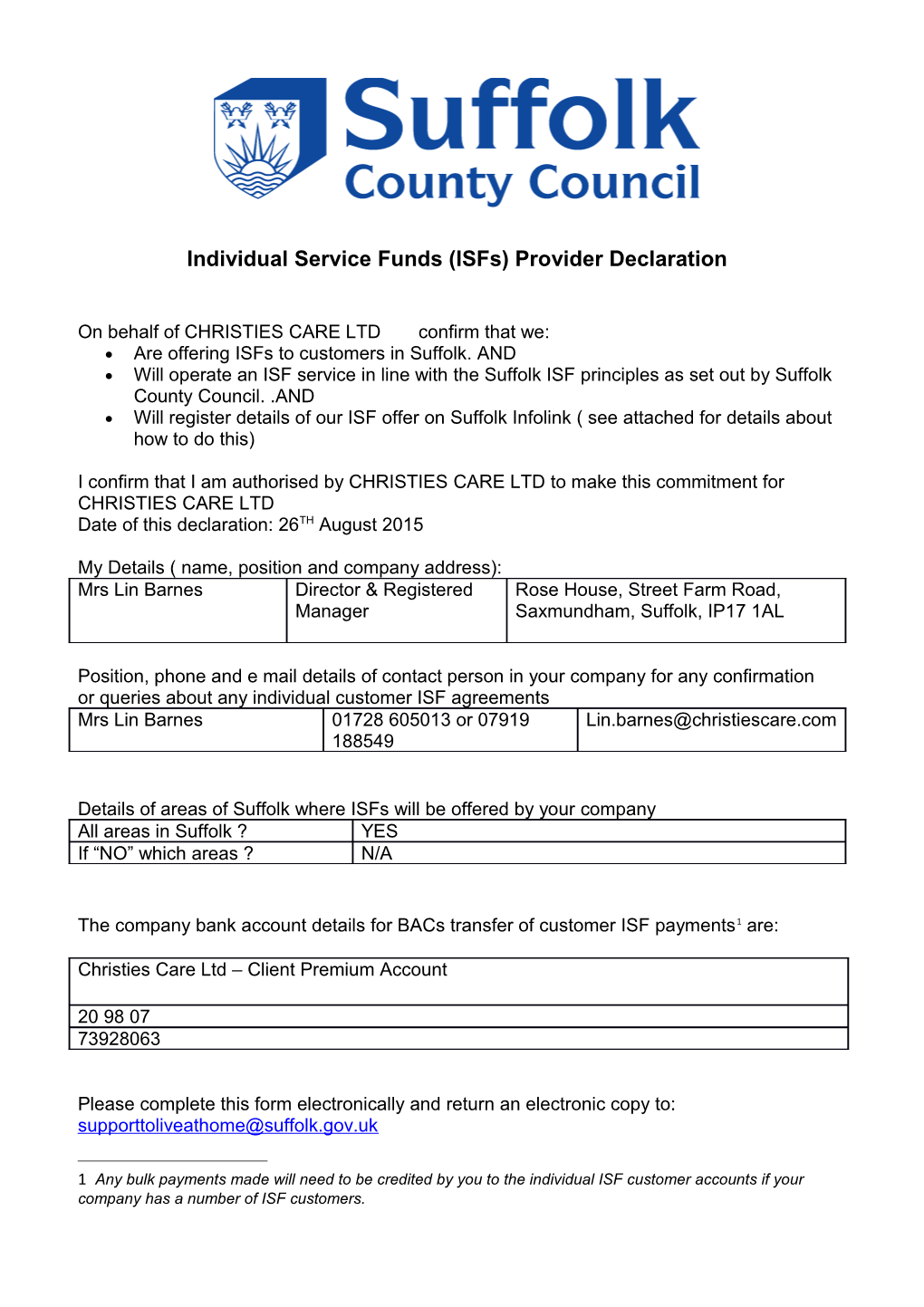 Individual Service Funds (Isfs) Provider Declaration