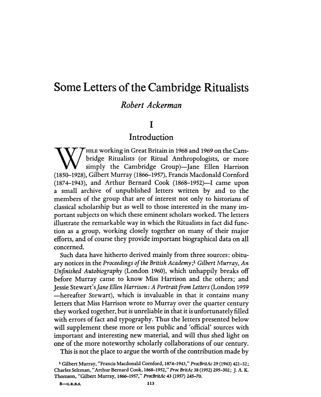 Some Letters of the Cambridge Ritualists Robert Ackerman