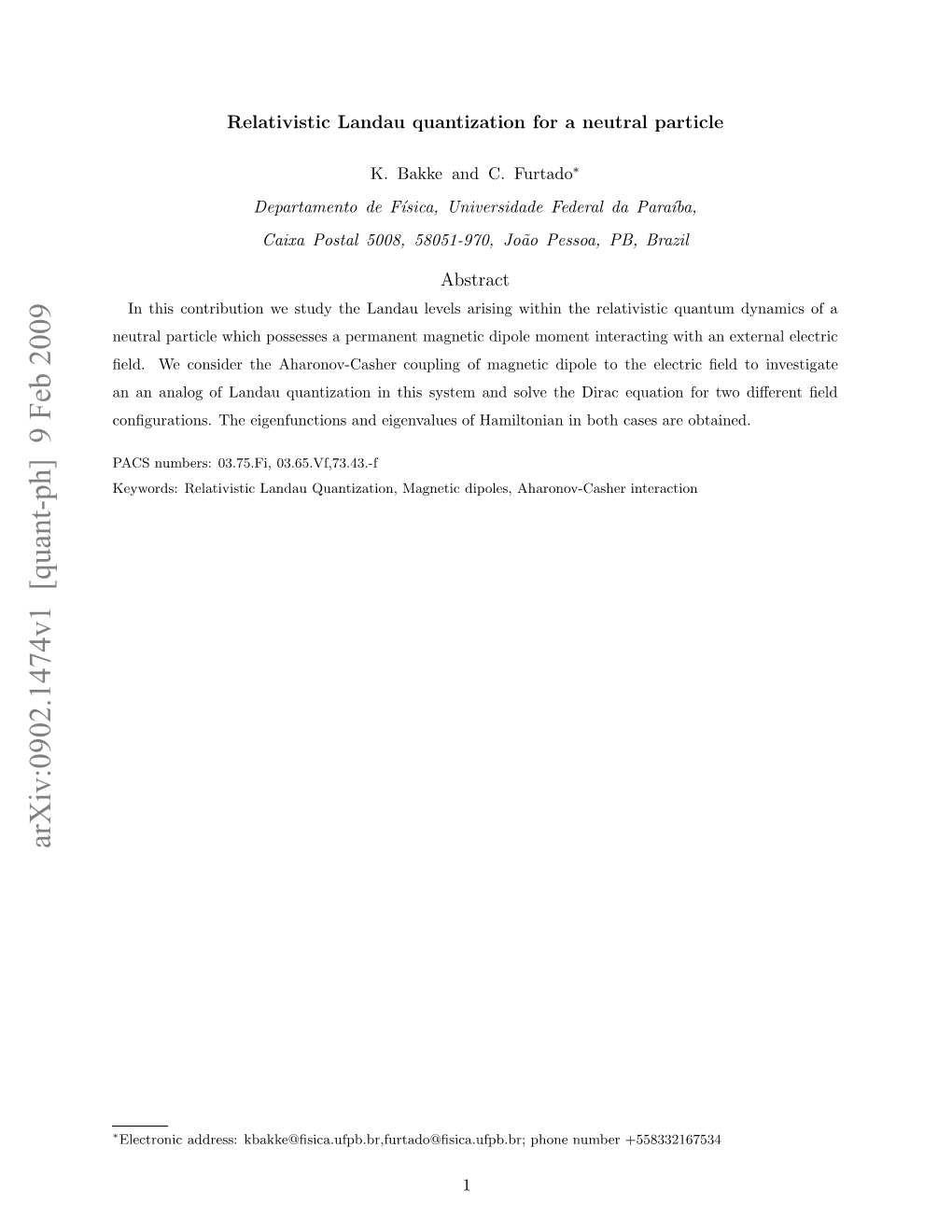 Relativistic Landau Quantization for a Neutral Particle with a Permanent Magnetic Dipole Moment Coupled to an External Electric ﬁeld