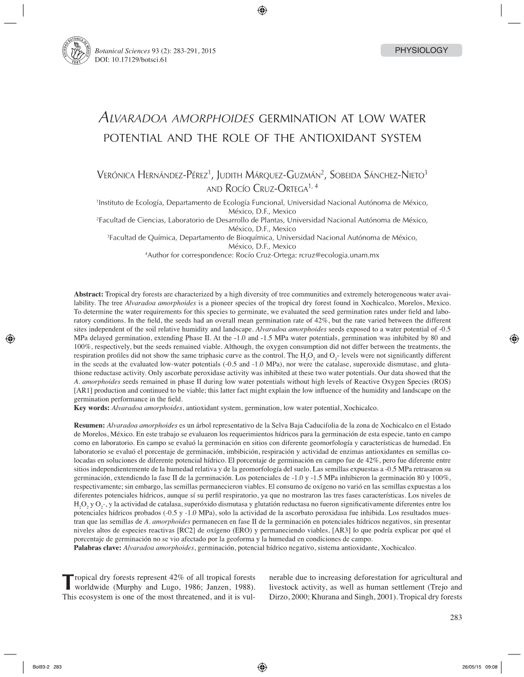 Alvaradoa Amorphoides Germination at Low Water Potential and the Role of the Antioxidant System