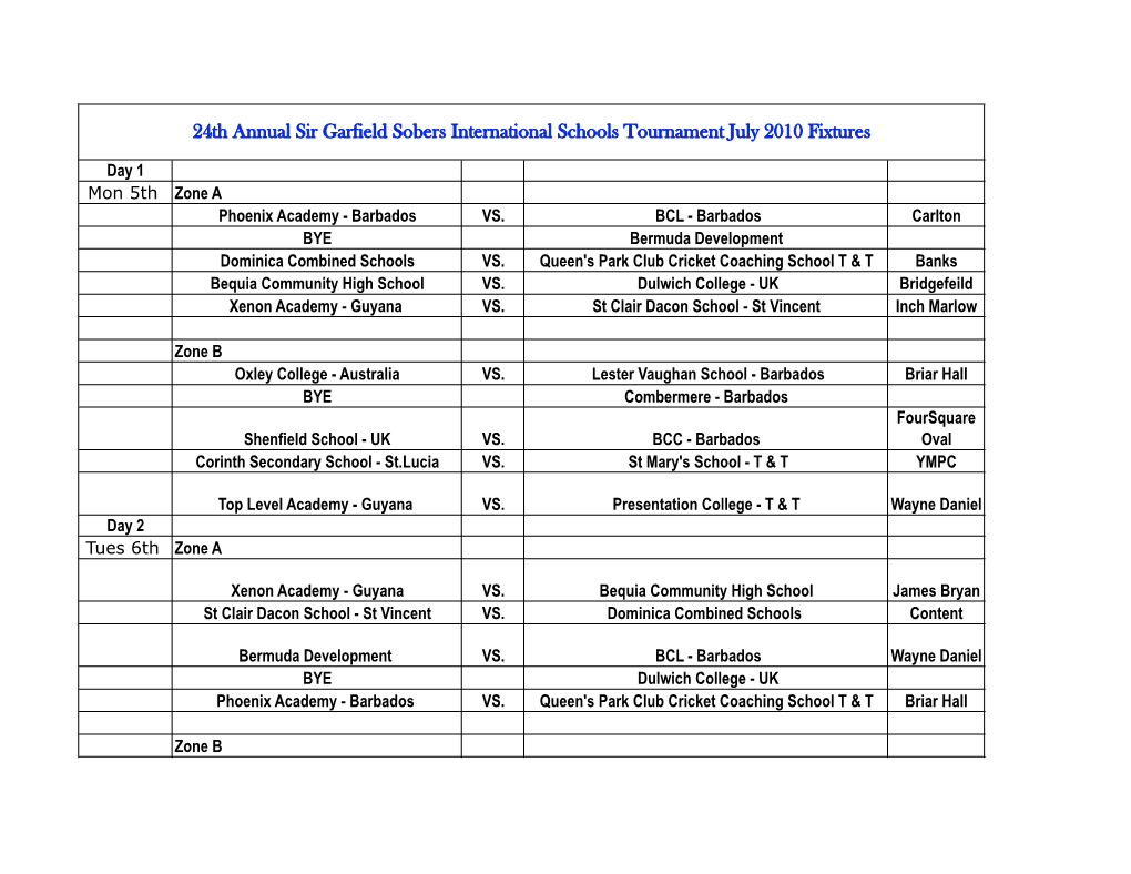 24Th Annual Sir Garfield Sobers International Schools Tournament July 2010 Fixtures