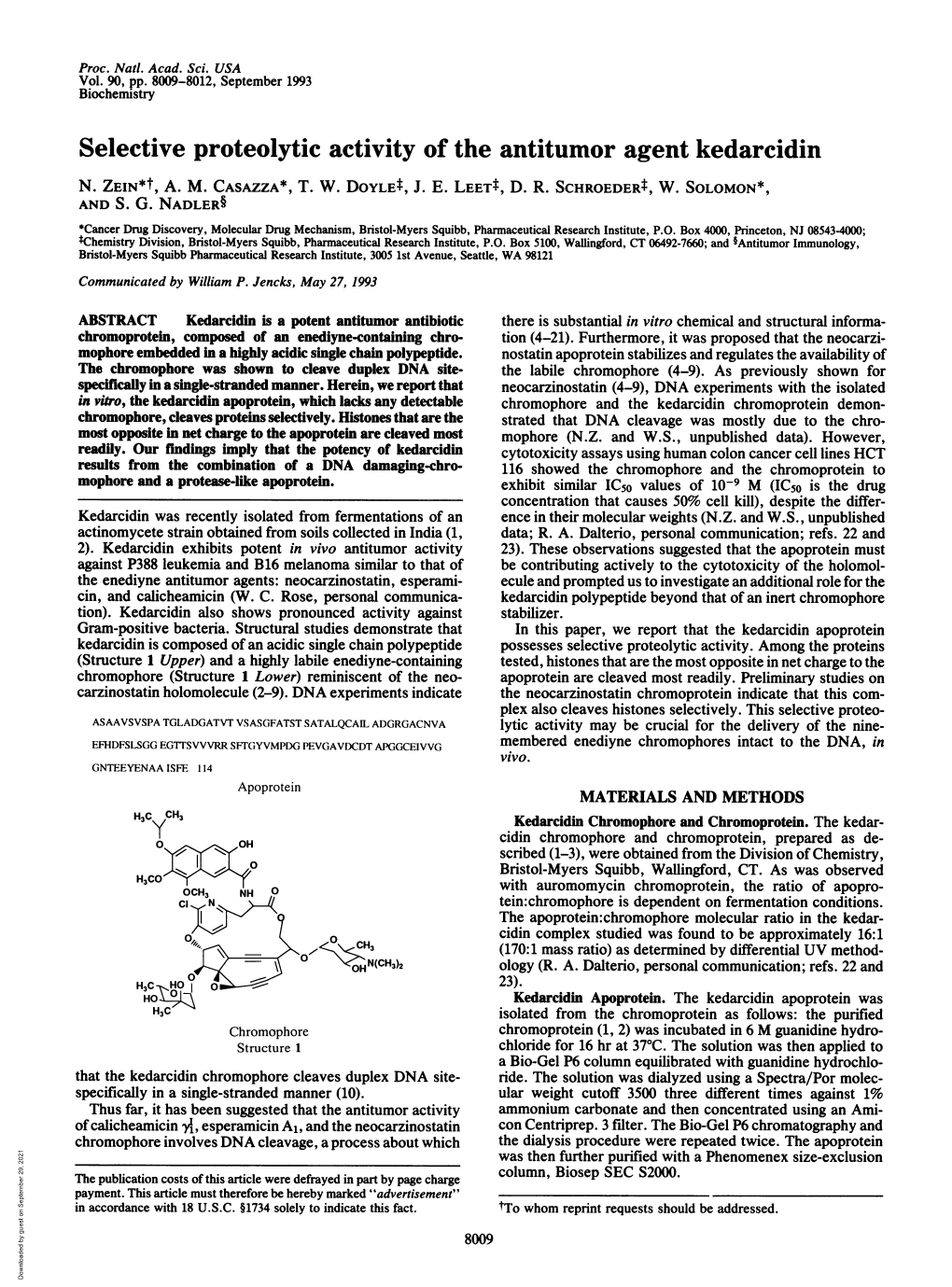 Selective Proteolytic Activity of the Antitumor Agent Kedarcidin N
