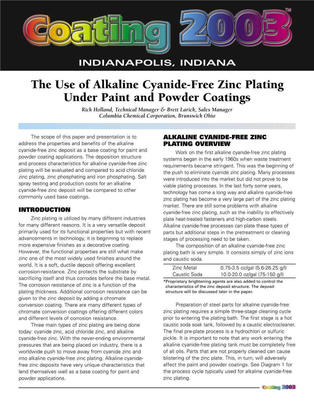 The Use of Alkaline Cyanide-Free Zinc Plating Under Paint And