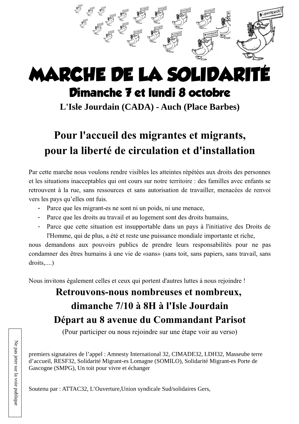 MARCHE DE LA SOLIDARITÉ Dimanche 7 Et Lundi 8 Octobre L'isle Jourdain (CADA) - Auch (Place Barbes)