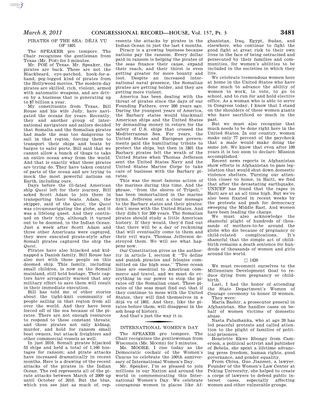 CONGRESSIONAL RECORD—HOUSE, Vol. 157, Pt. 3 March 8, 2011 from Cuba, Yoani Sanchez