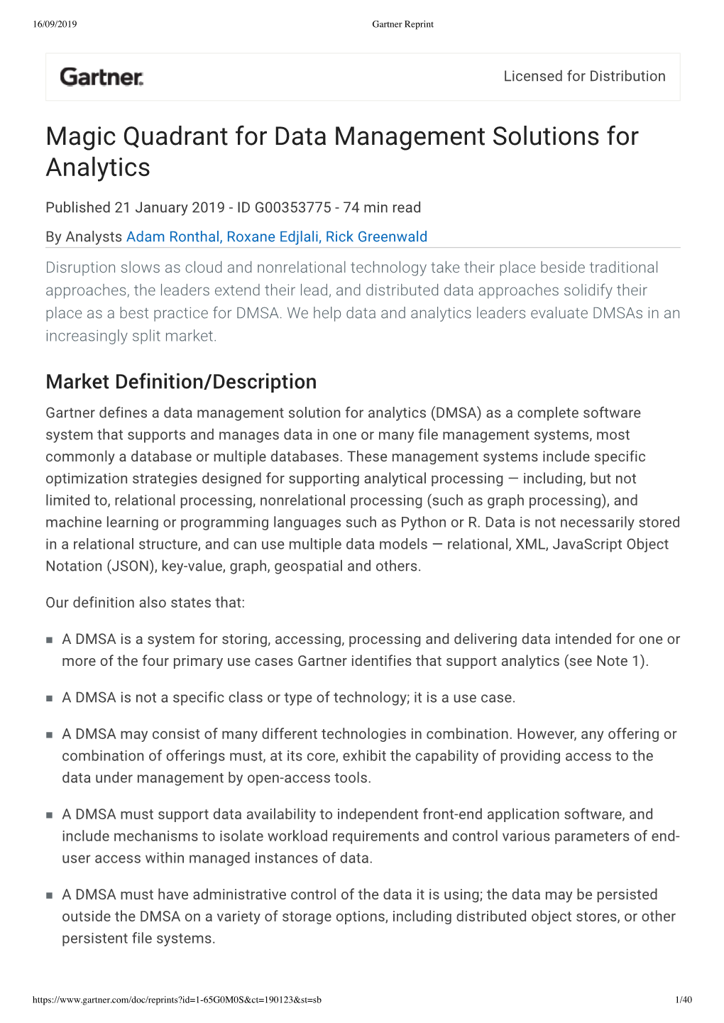 Gartner Magic Quadrant for Data Management Solutions for Analytics