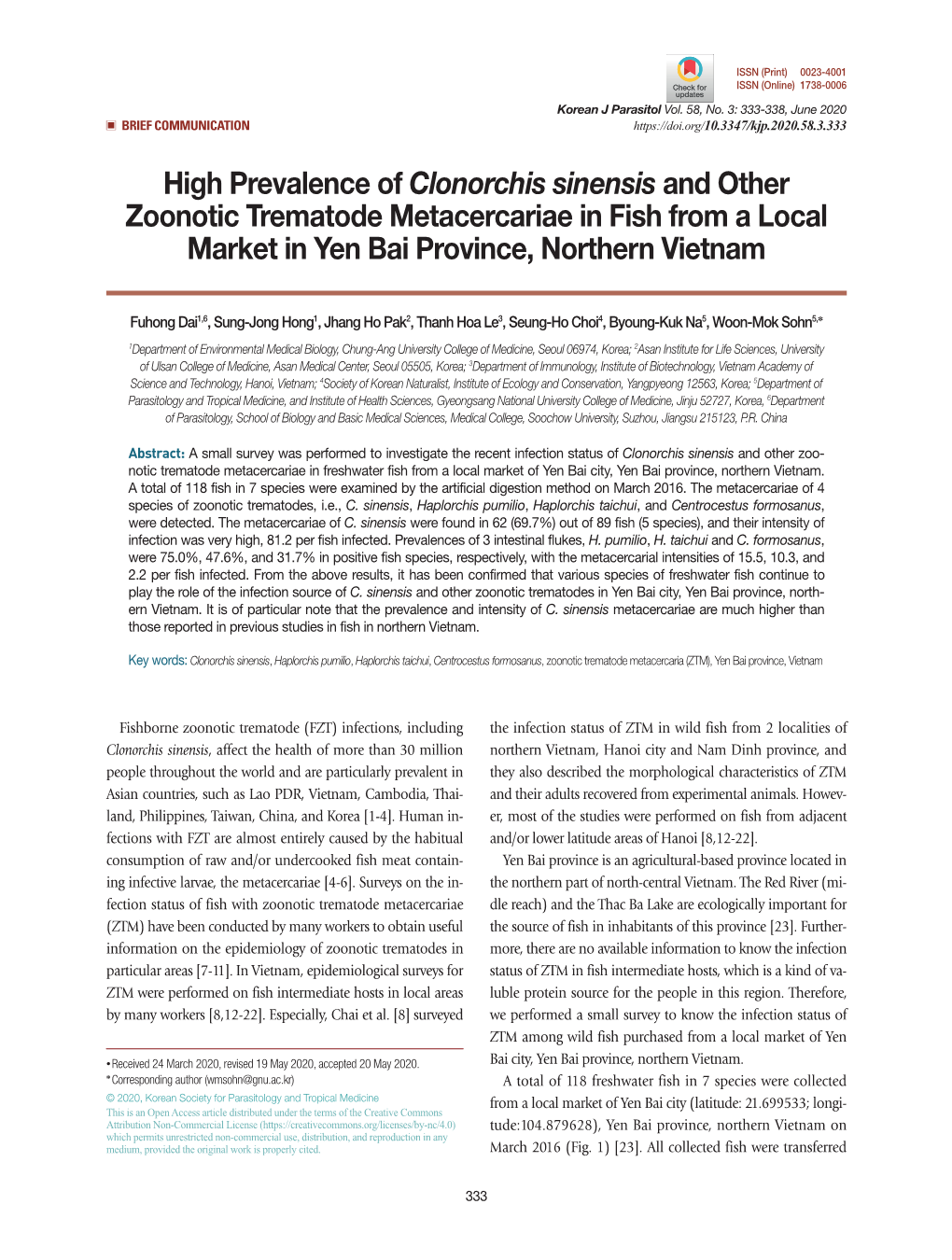 High Prevalence of Clonorchis Sinensis and Other Zoonotic Trematode Metacercariae in Fish from a Local Market in Yen Bai Province, Northern Vietnam