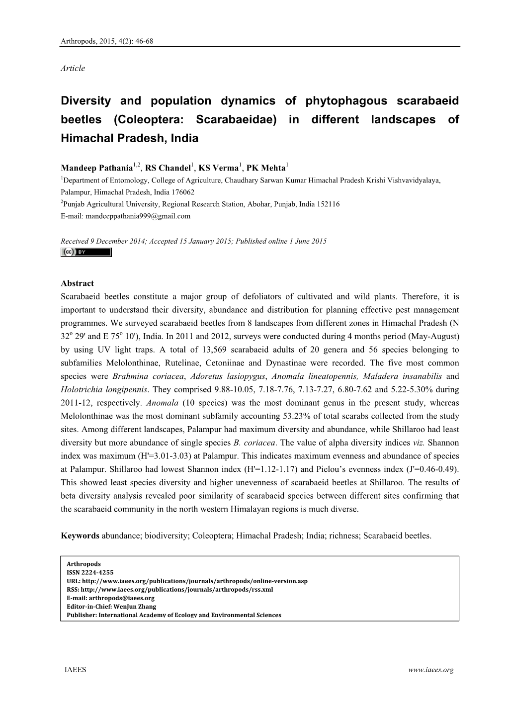 Diversity and Population Dynamics of Phytophagous Scarabaeid Beetles (Coleoptera: Scarabaeidae) in Different Landscapes of Himachal Pradesh, India