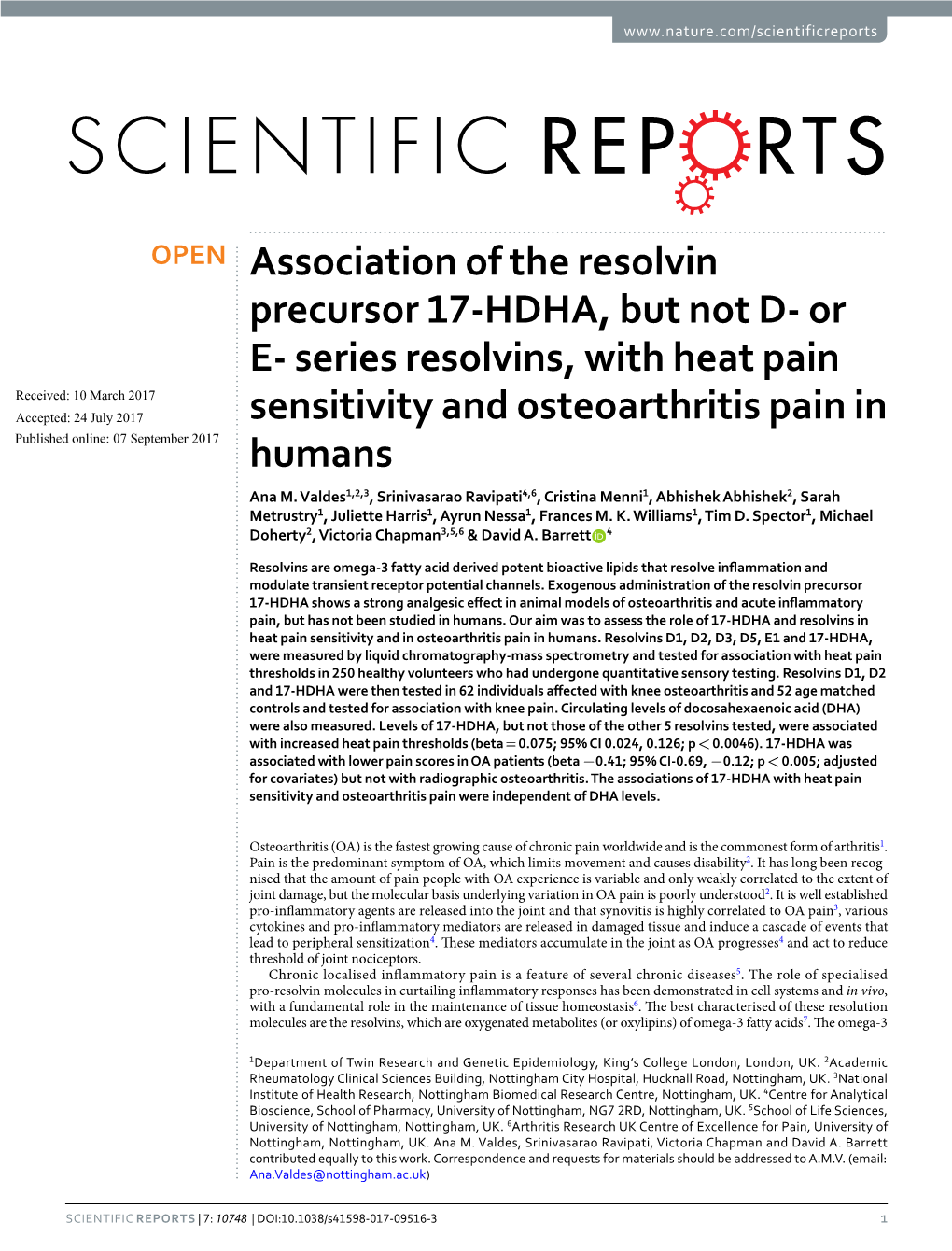 Association of the Resolvin Precursor 17-HDHA, but Not D- Or E
