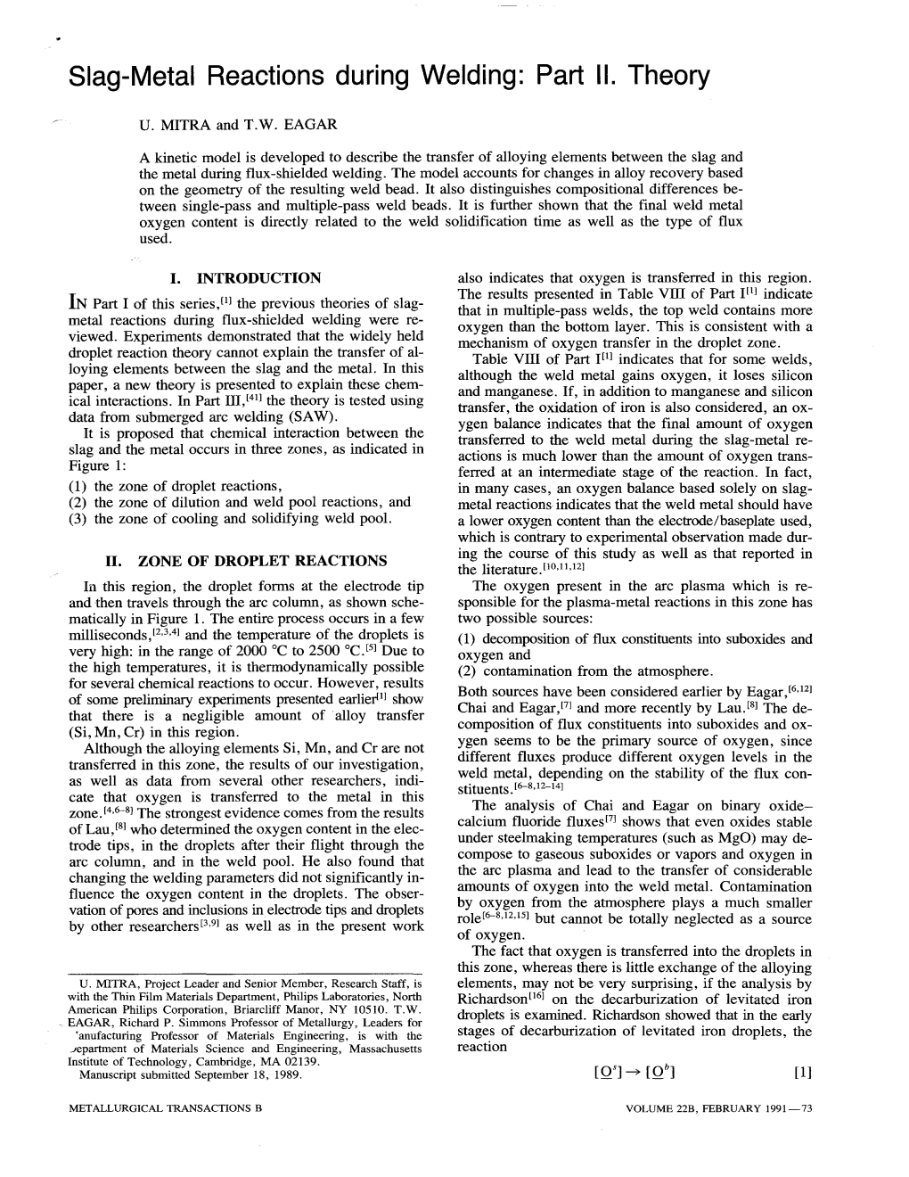 Slag-Metal Reactions During Welding: Part II. Theory