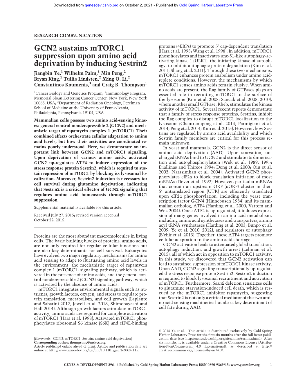 GCN2 Sustains Mtorc1 Suppression Upon Amino Acid Deprivation by Inducing Sestrin2