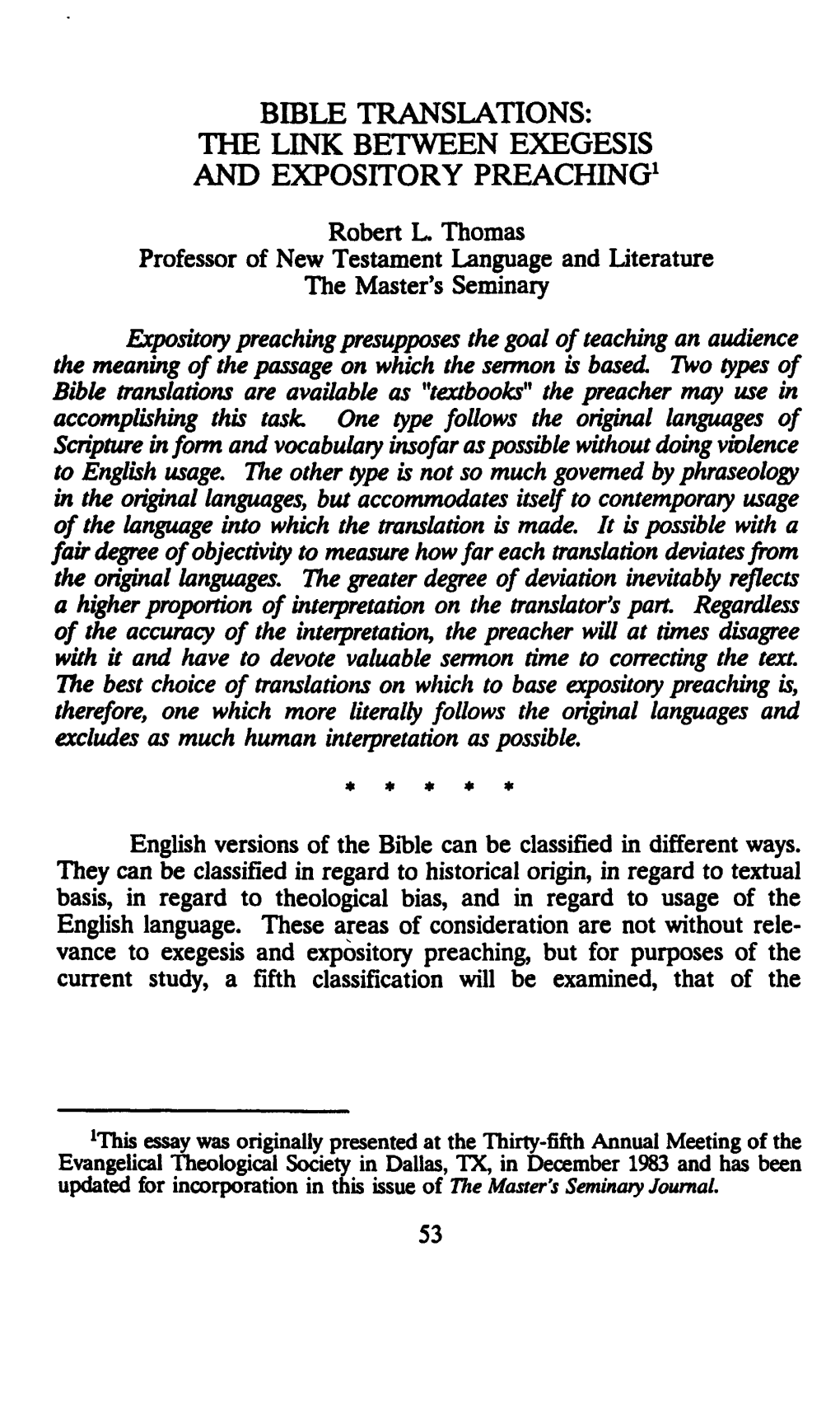 Bible Translations: the Link Between Exegesis and Expository Preaching1