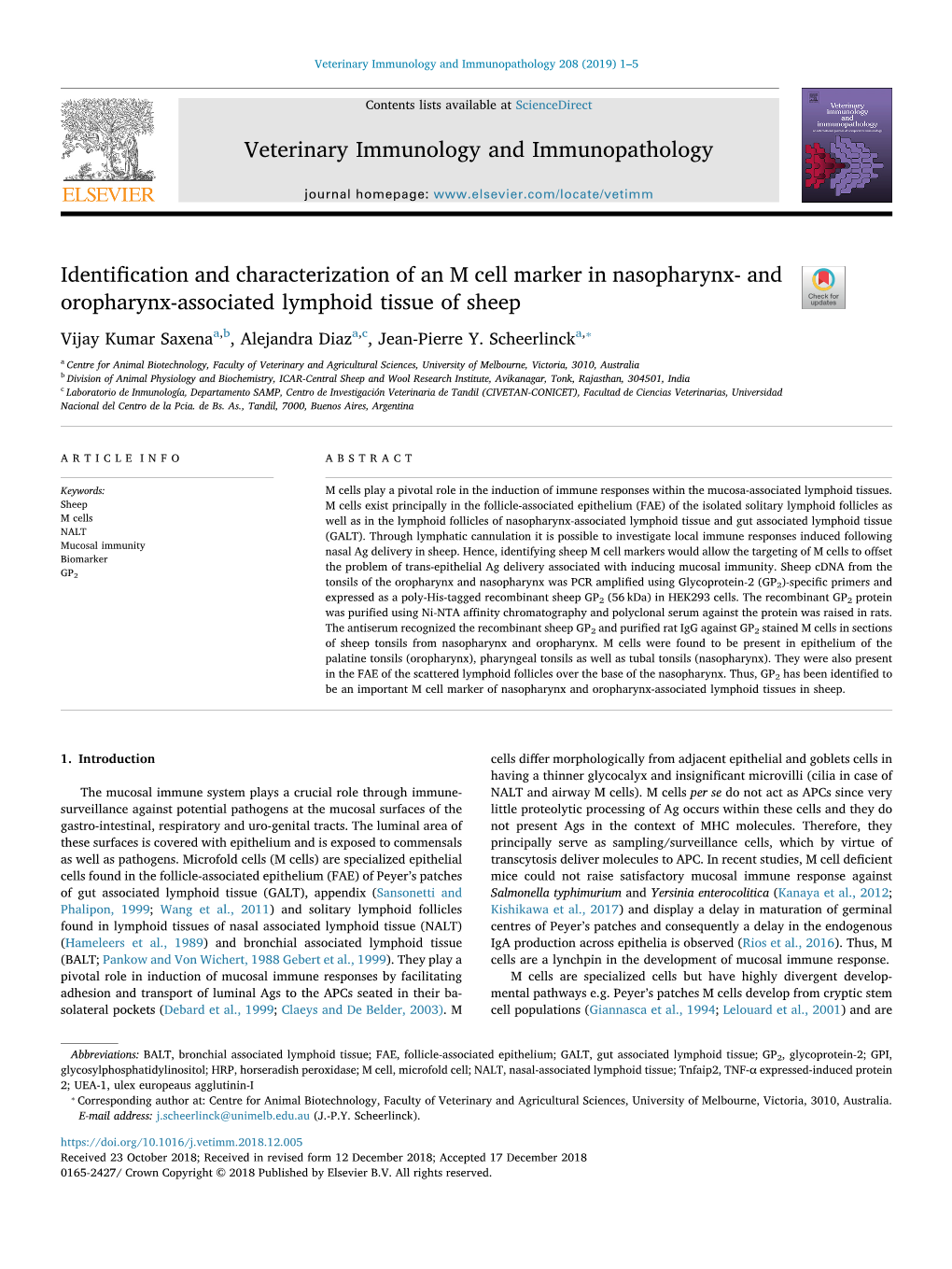 And Oropharynx-Associated Lymphoid Tissue of Sheep T ⁎ Vijay Kumar Saxenaa,B, Alejandra Diaza,C, Jean-Pierre Y