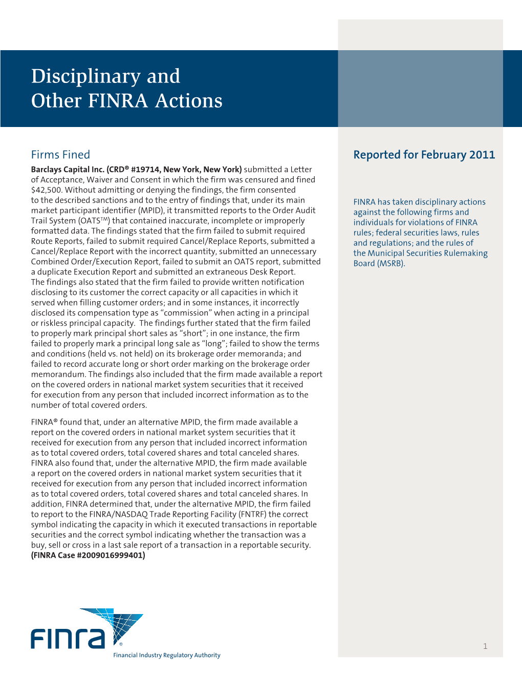 Disciplinary and Other FINRA Actions Reported for February 2011