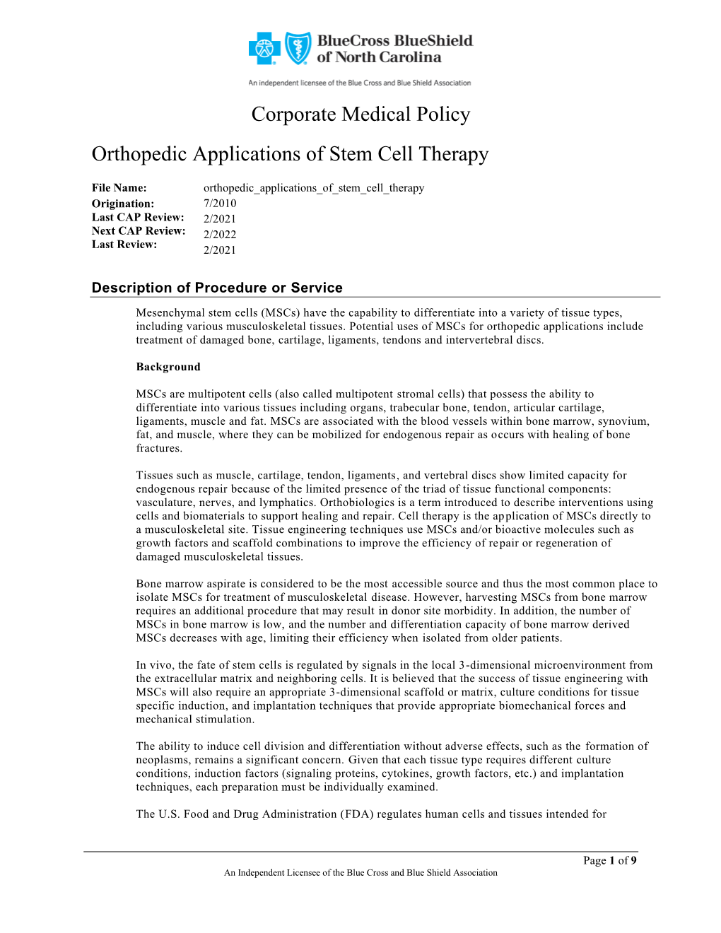 Orthopedic Applications of Stem Cell Therapy