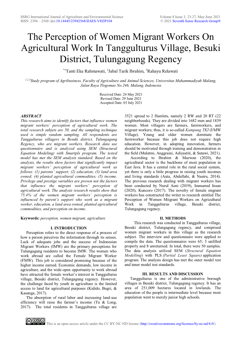 The Perception of Women Migrant Workers on Agricultural Work in Tanggulturus Village, Besuki District, Tulungagung Regency