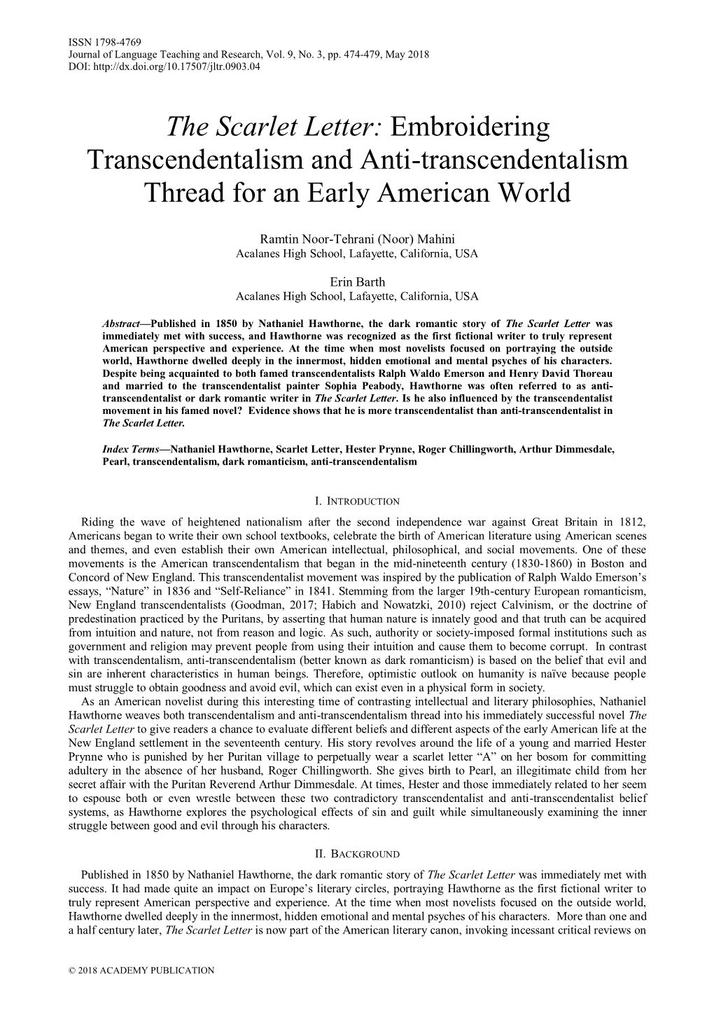 The Scarlet Letter: Embroidering Transcendentalism and Anti-Transcendentalism Thread for an Early American World