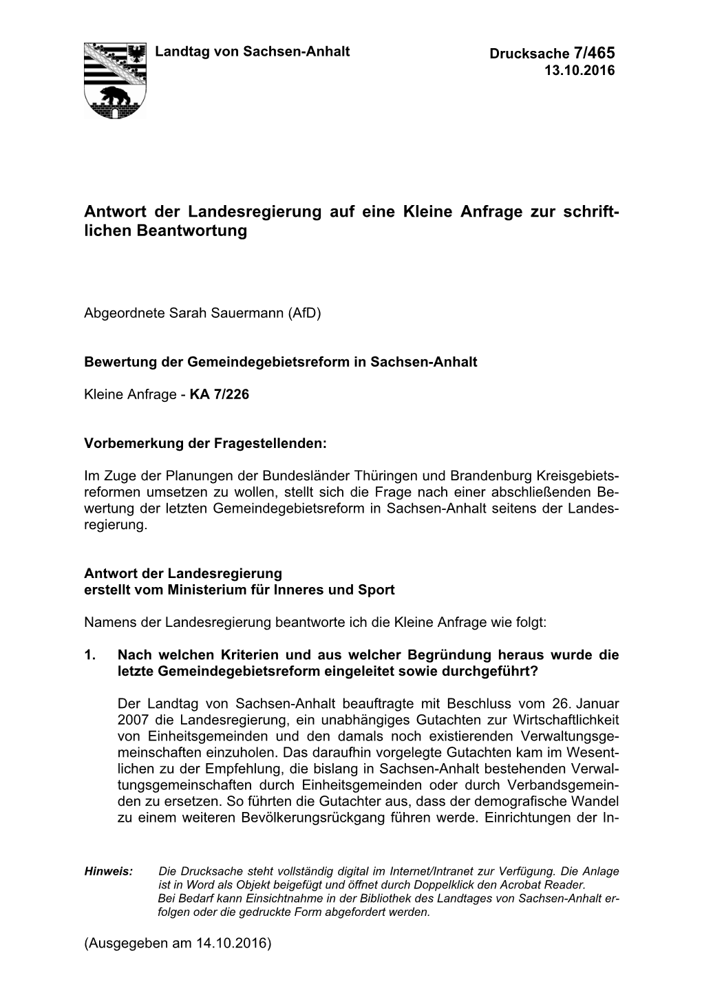 Bewertung Der Gemeindegebietsreform in Sachsen-Anhalt