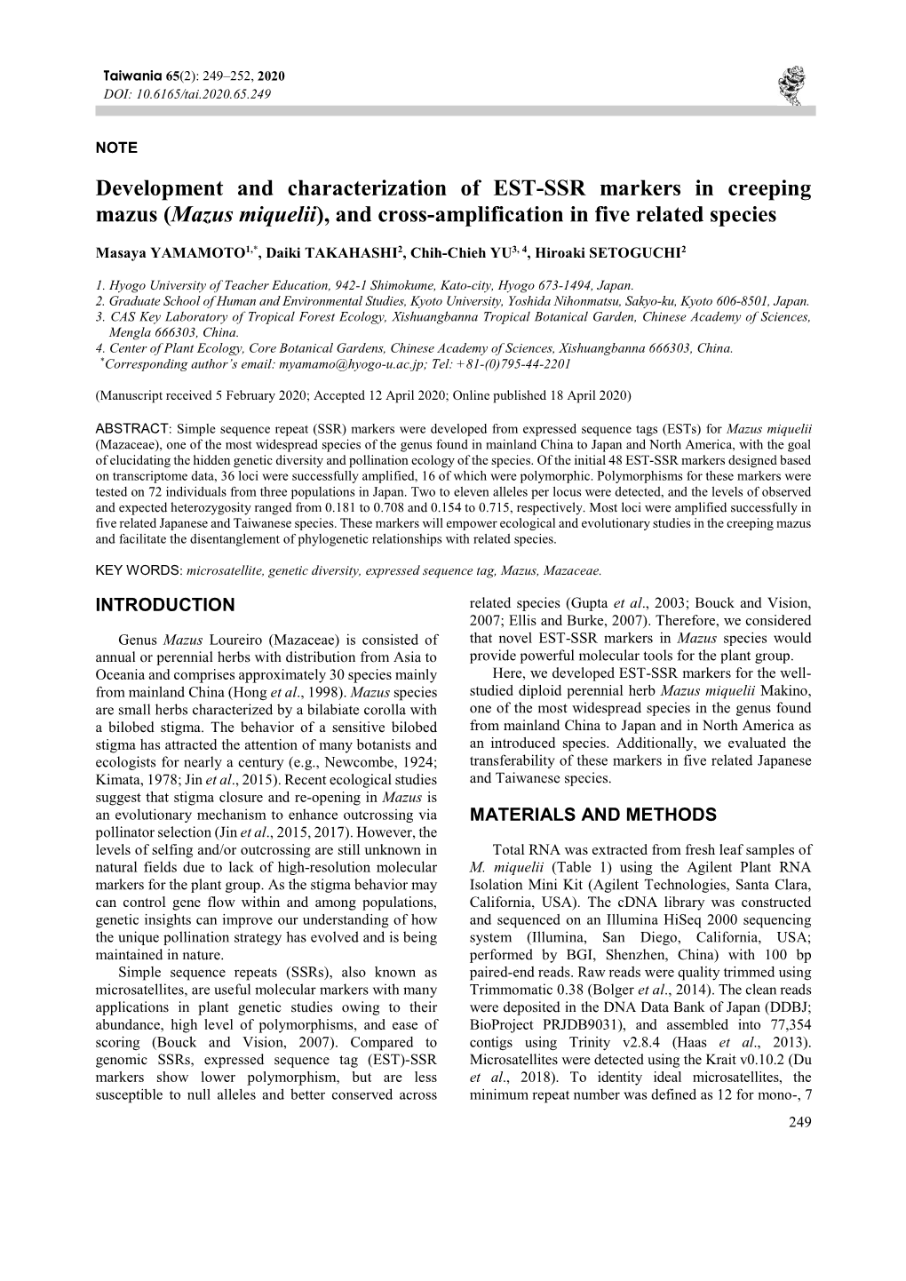 Mazus Miquelii), and Cross-Amplification in Five Related Species