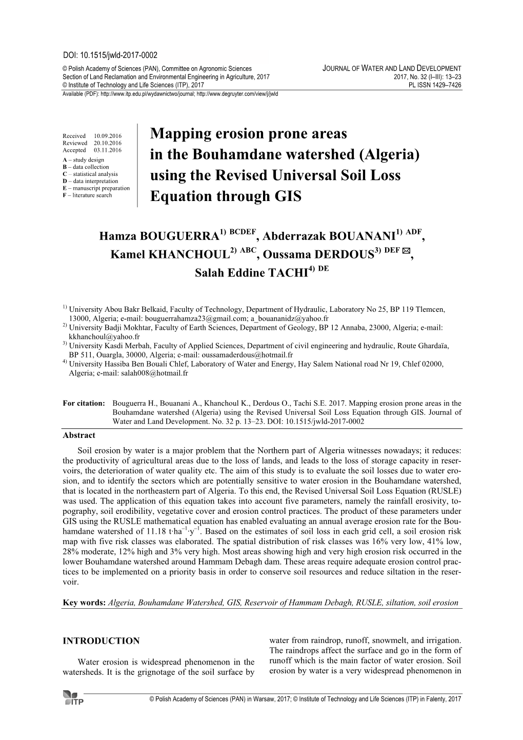 Mapping Erosion Prone Areas in the Bouhamdane Watershed (Algeria) Using the Revised Universal Soil Loss Equation Through GIS