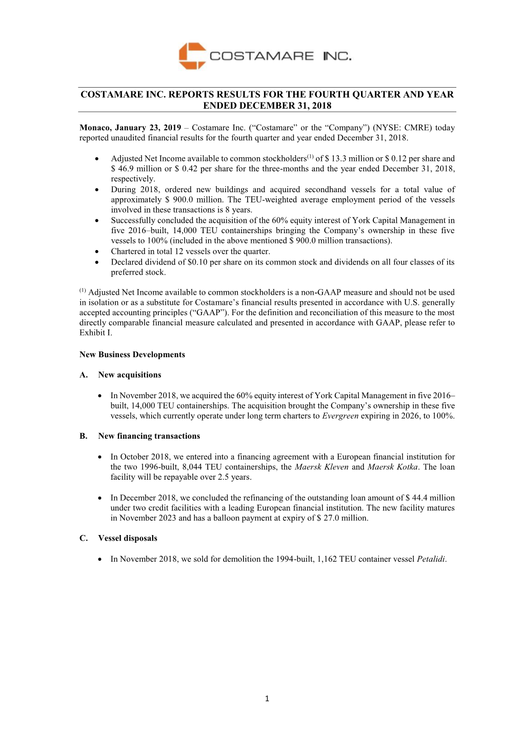 Costamare Inc. Reports Results for the Fourth Quarter and Year Ended December 31, 2018