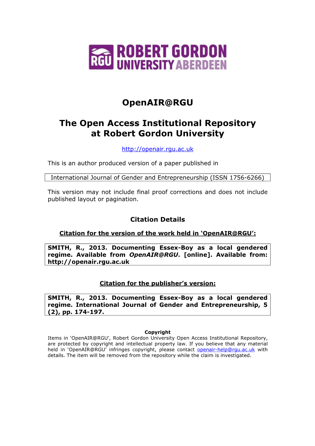 Openair@RGU the Open Access Institutional Repository at Robert