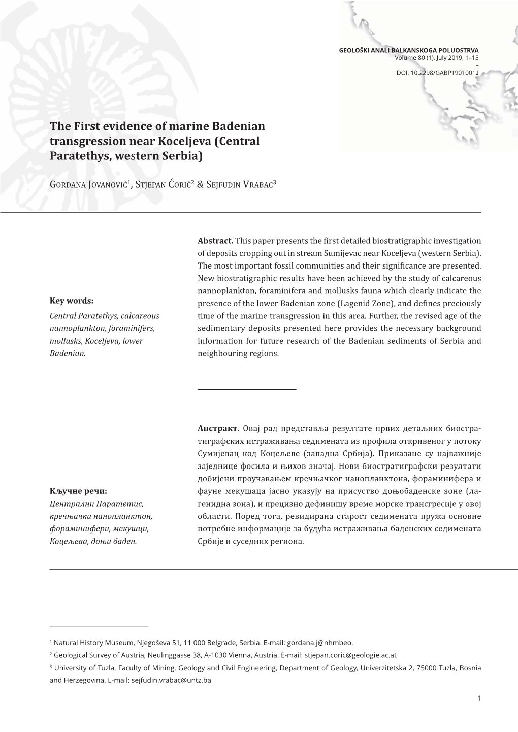 The First Evidence of Marine Badenian Transgression Near Koceljeva (Central Paratethys, Western Serbia)