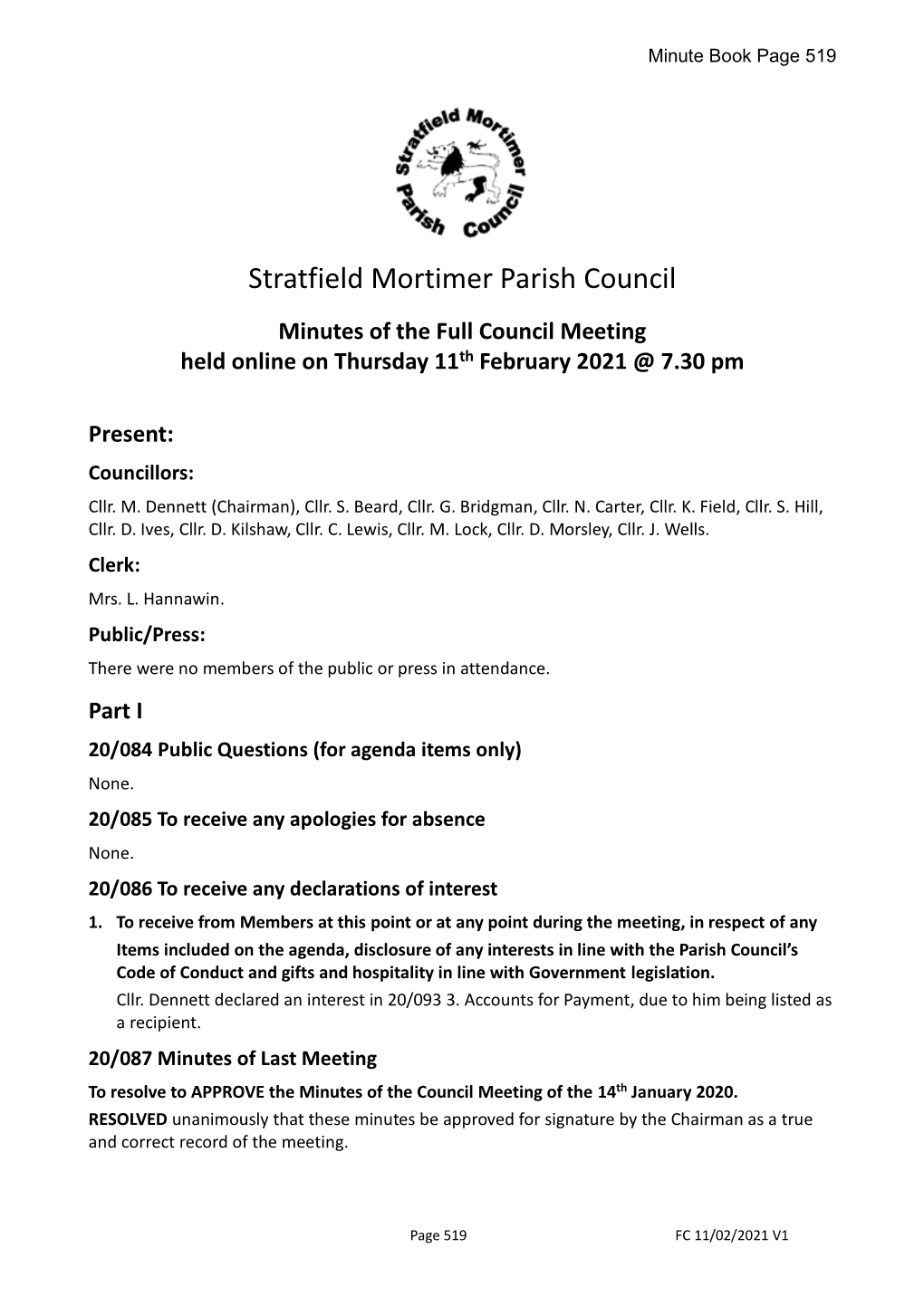 Minutes of the Full Council Meeting Held Online on Thursday 11Th February 2021 @ 7.30 Pm Present