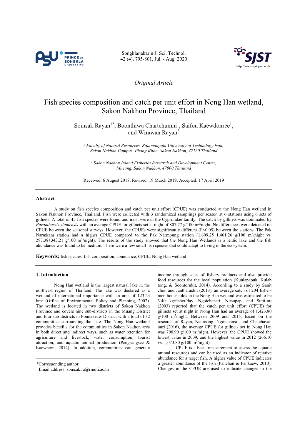 Fish Species Composition and Catch Per Unit Effort in Nong Han Wetland, Sakon Nakhon Province, Thailand