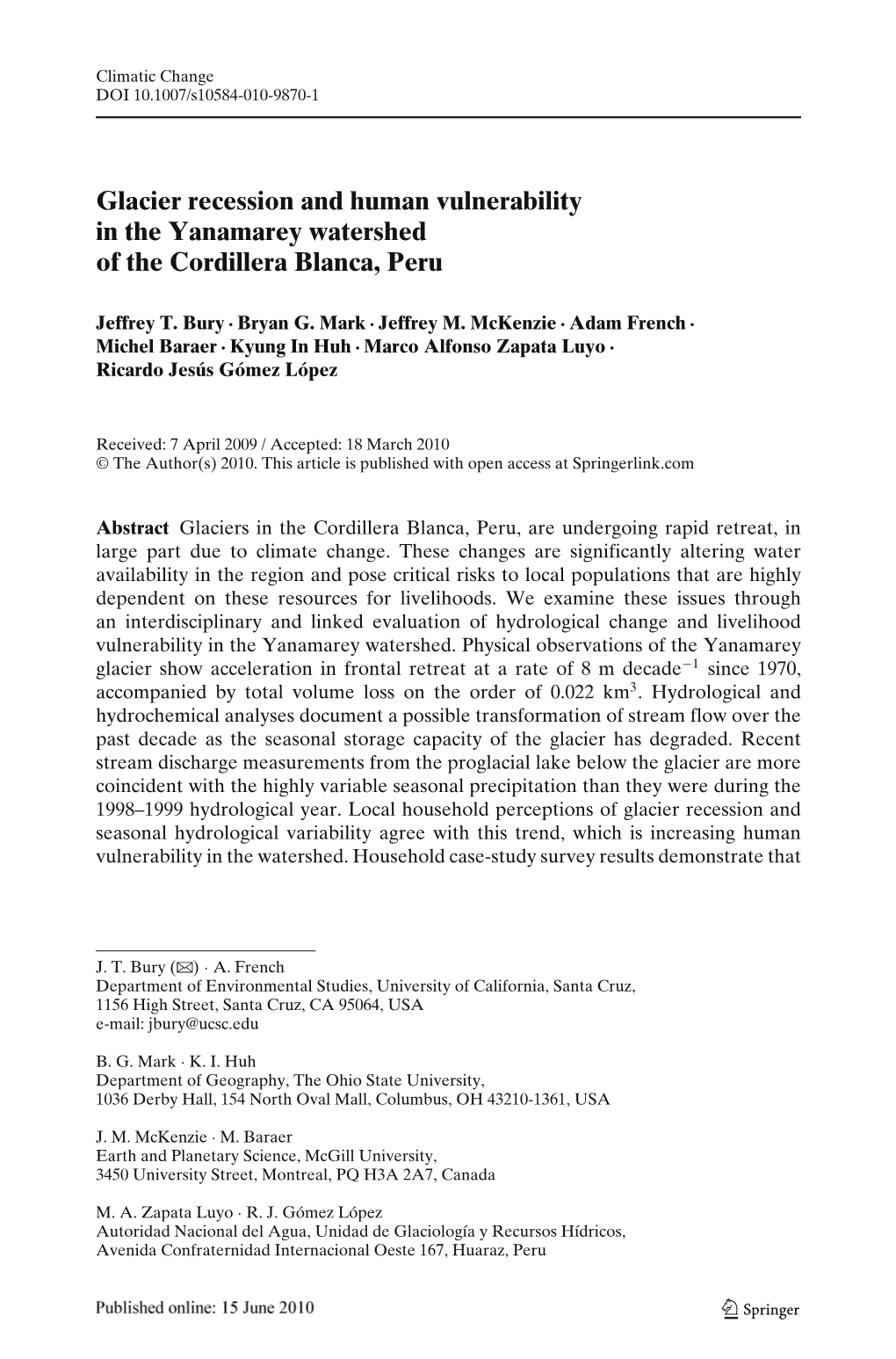 Glacier Recession and Human Vulnerability in the Yanamarey Watershed of the Cordillera Blanca, Peru