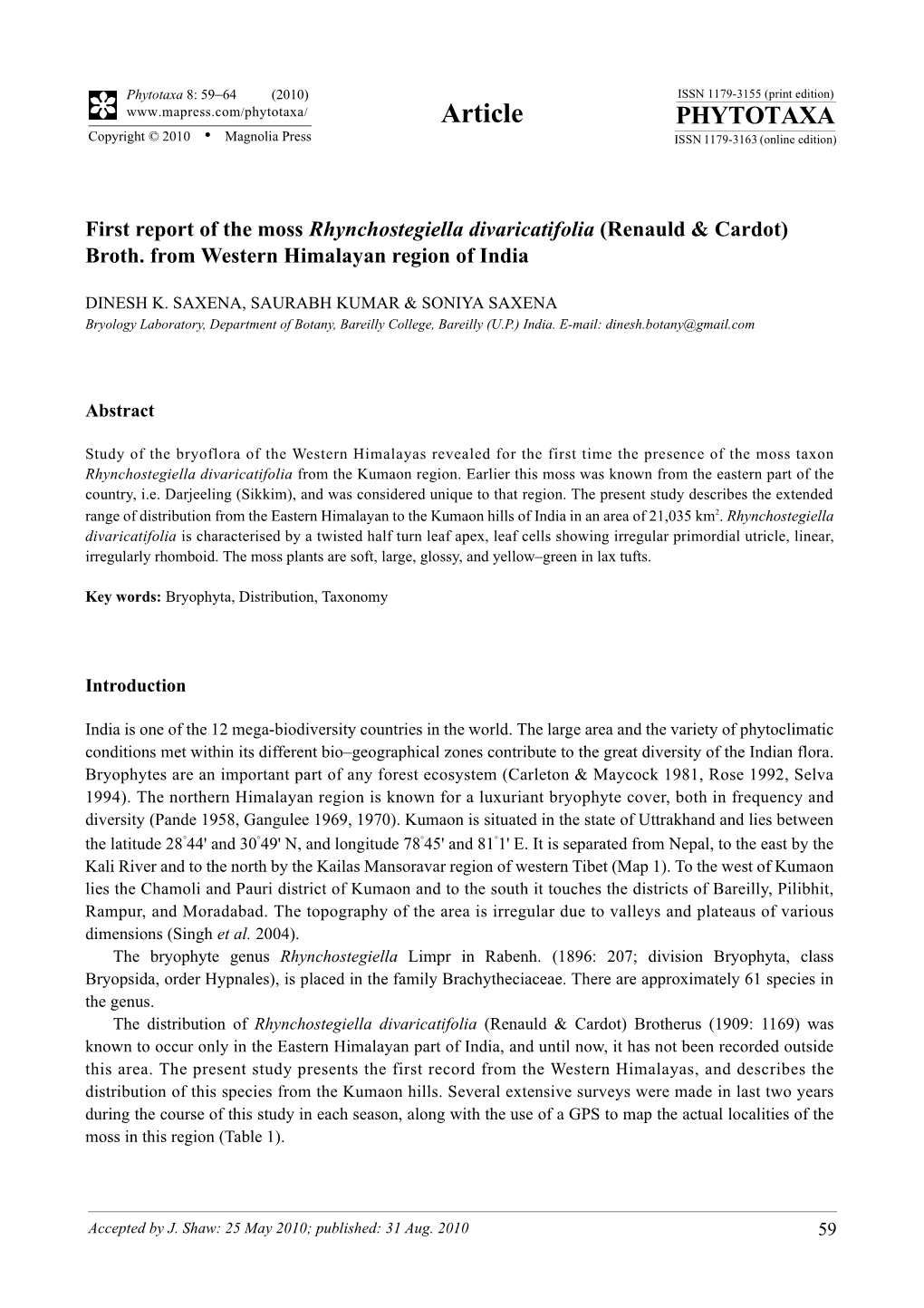 59–64 (2010) First Report of the Moss Rhynchostegiella Divaricatifolia