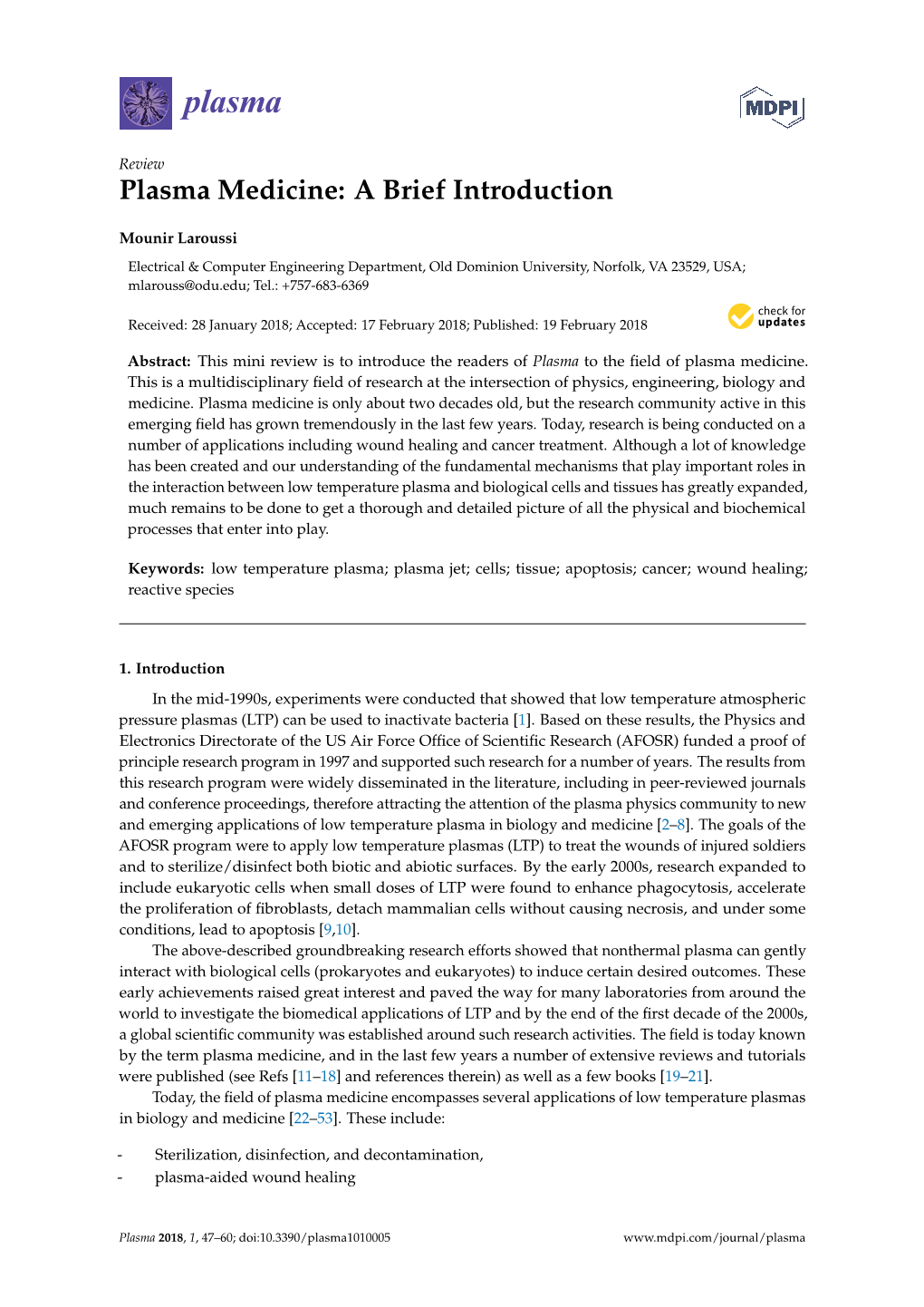 Plasma Medicine: a Brief Introduction