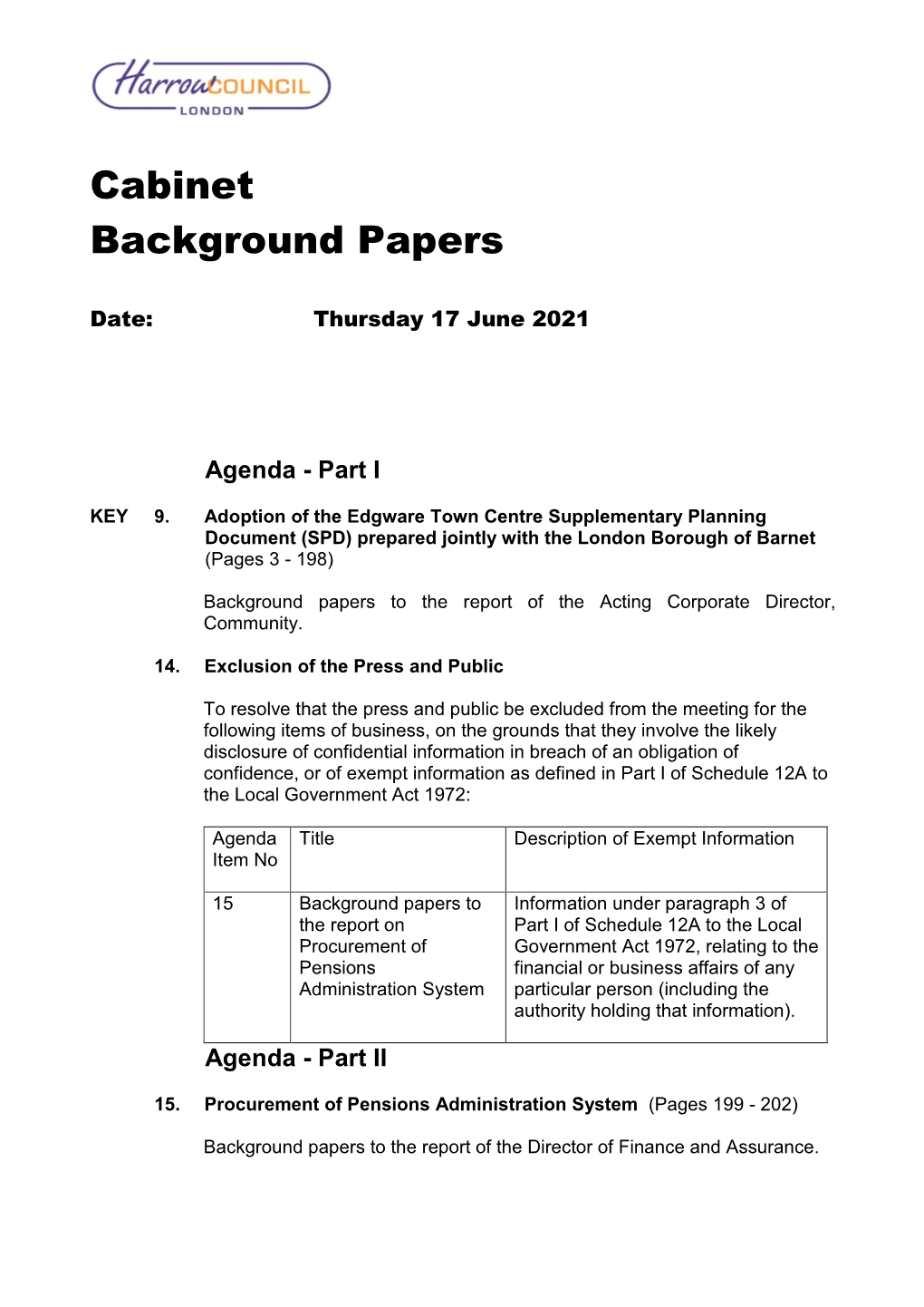 Background Papers Agenda Supplement for Cabinet, 17/06/2021 18:30