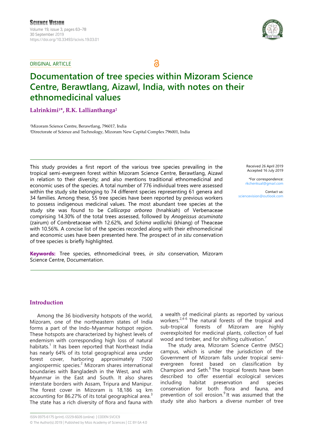 Documentation of Tree Species Within Mizoram Science Centre, Berawtlang, Aizawl, India, with Notes on Their Ethnomedicinal Values