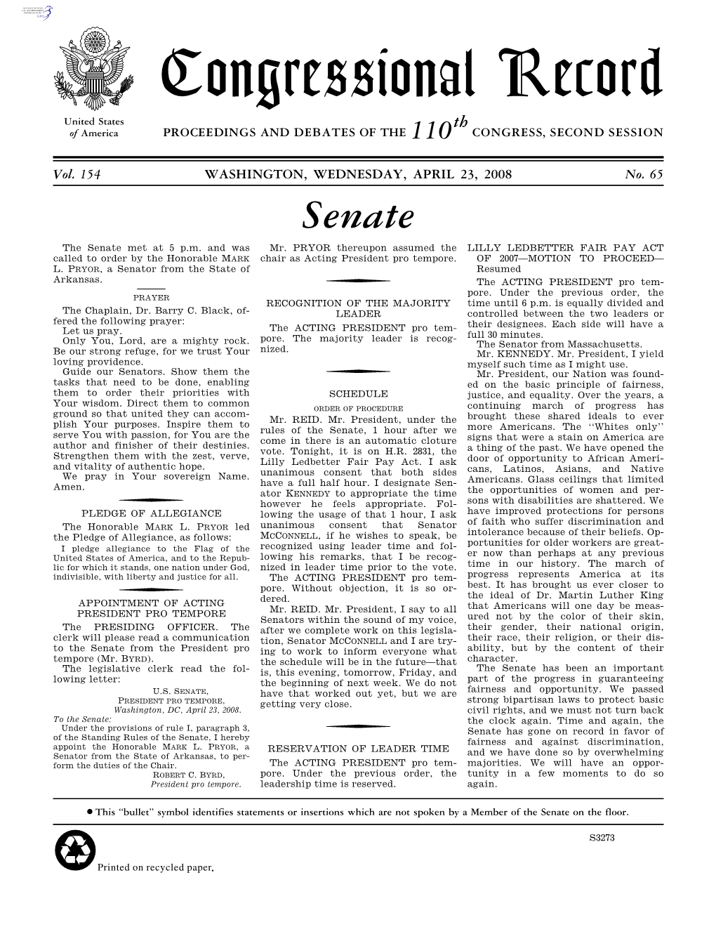 Congressional Record United States Th of America PROCEEDINGS and DEBATES of the 110 CONGRESS, SECOND SESSION