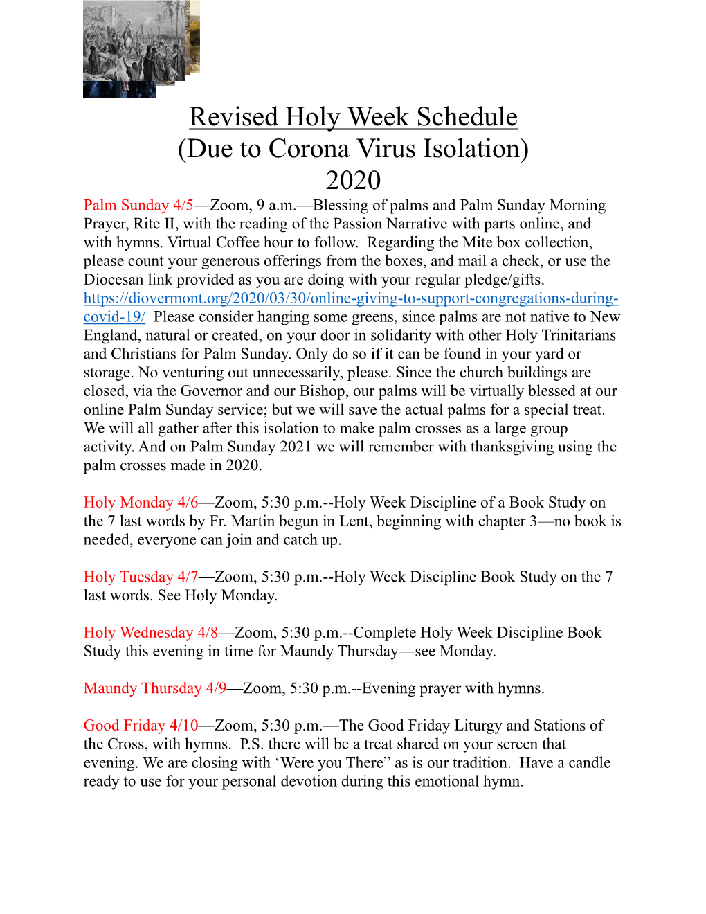 Revised Holy Week Schedule