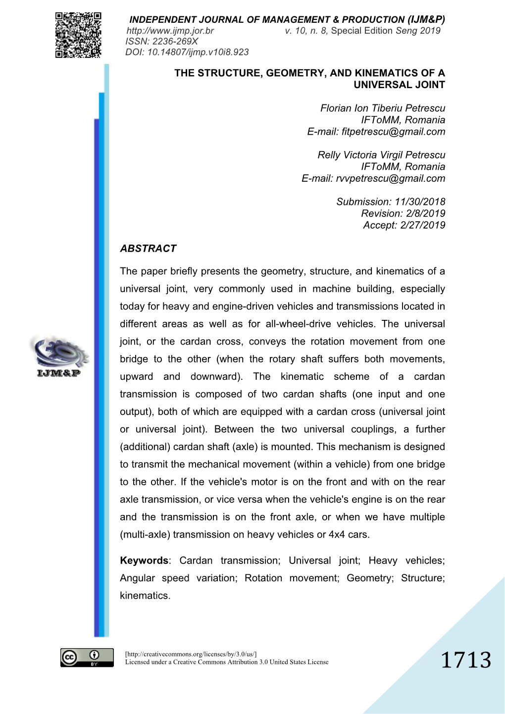 The Structure, Geometry, and Kinematics of a Universal Joint