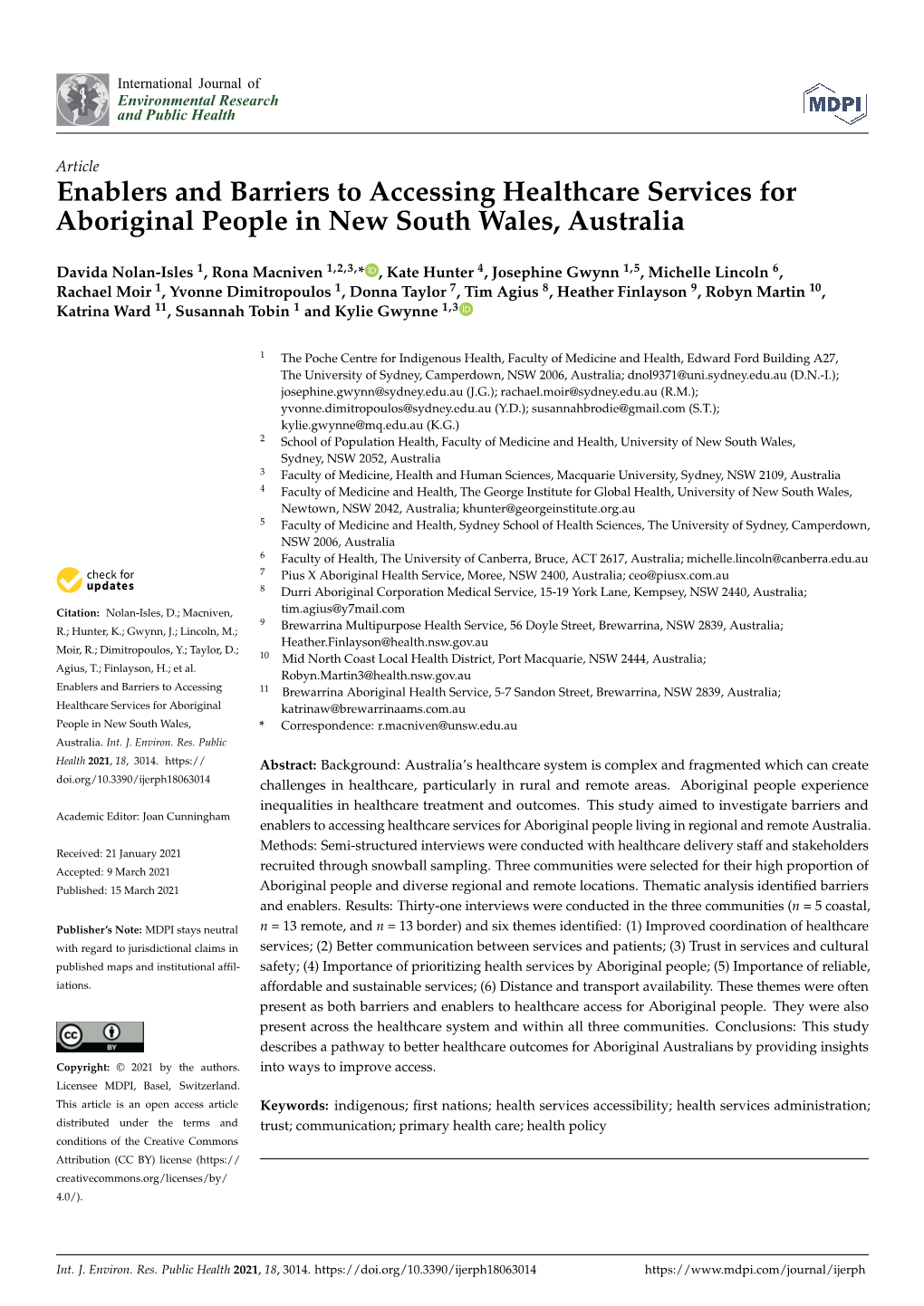 Enablers and Barriers to Accessing Healthcare Services for Aboriginal People in New South Wales, Australia