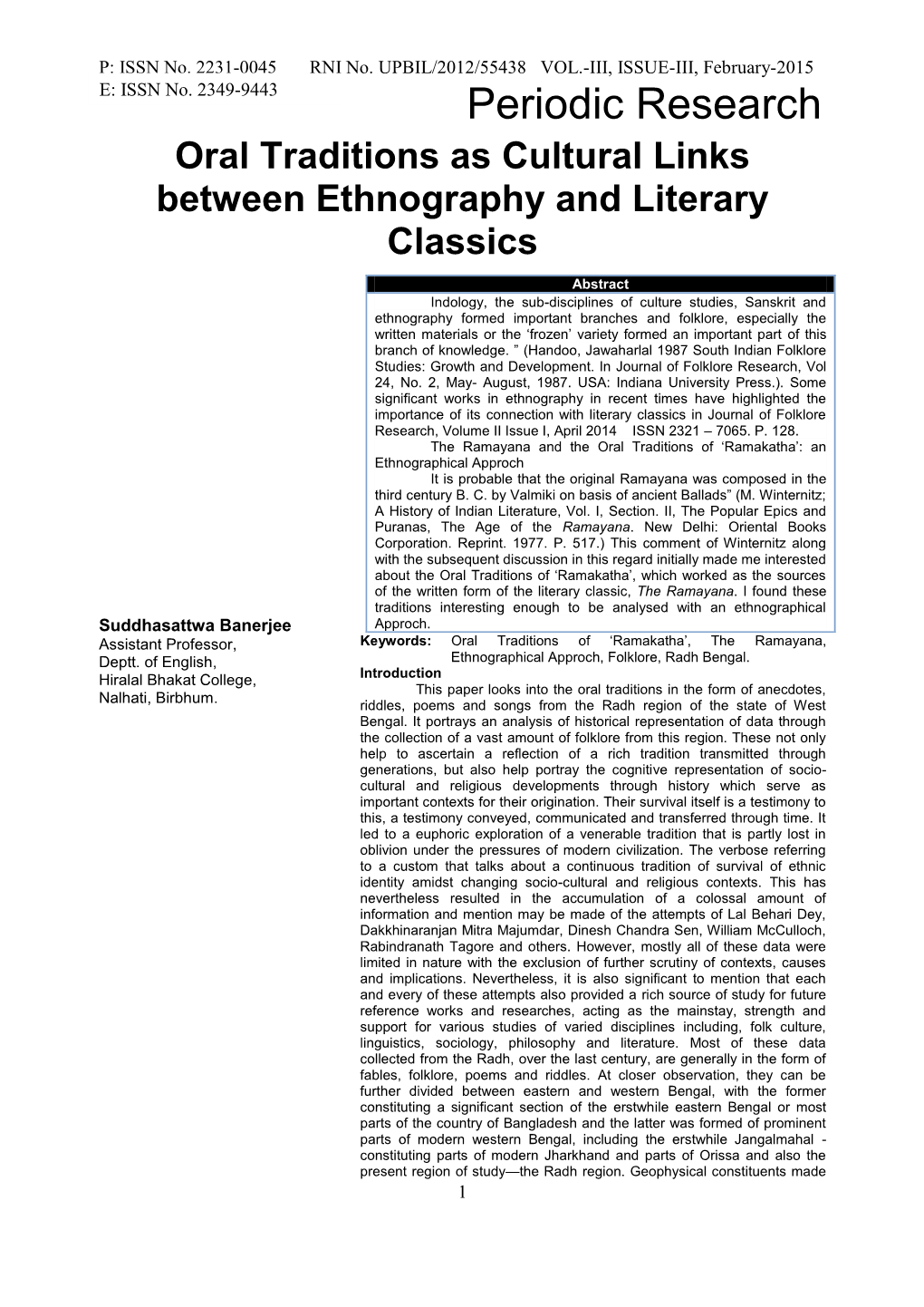 Oral Traditions As Cultural Links Between Ethnography and Literary Classics