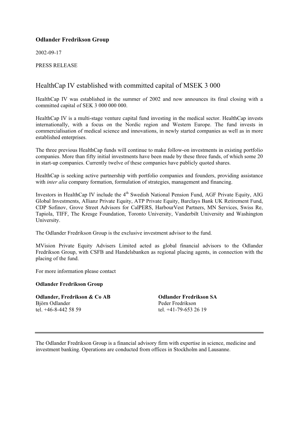Healthcap IV Established with Committed Capital of MSEK 3 000