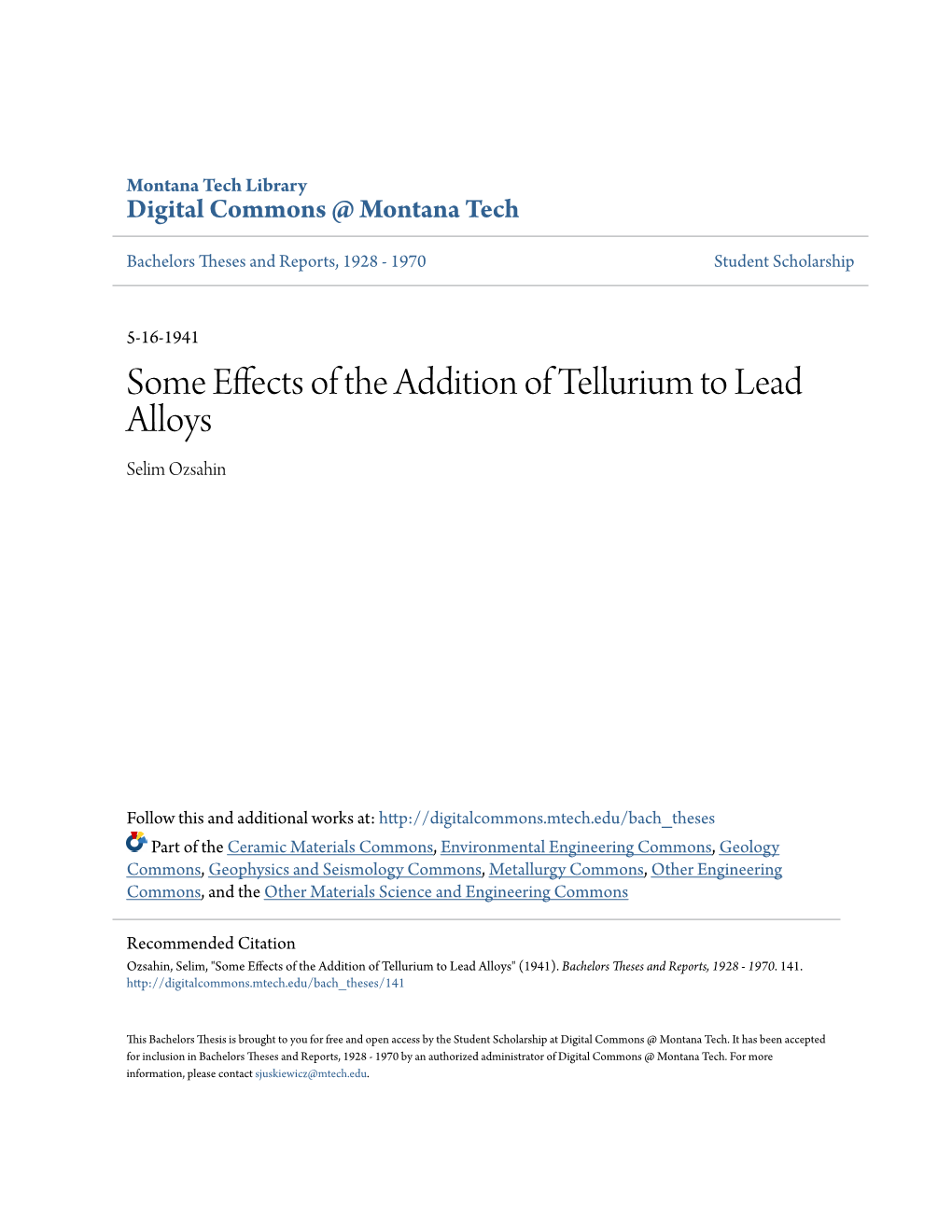 Some Effects of the Addition of Tellurium to Lead Alloys Selim Ozsahin