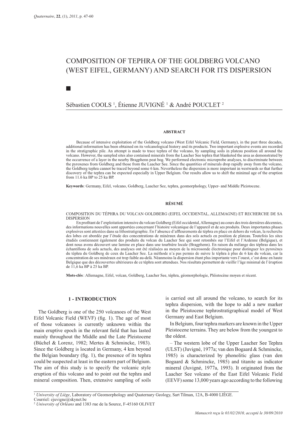 Composition of Tephra of the Goldberg Volcano (West Eifel, Germany) and Search for Its Dispersion