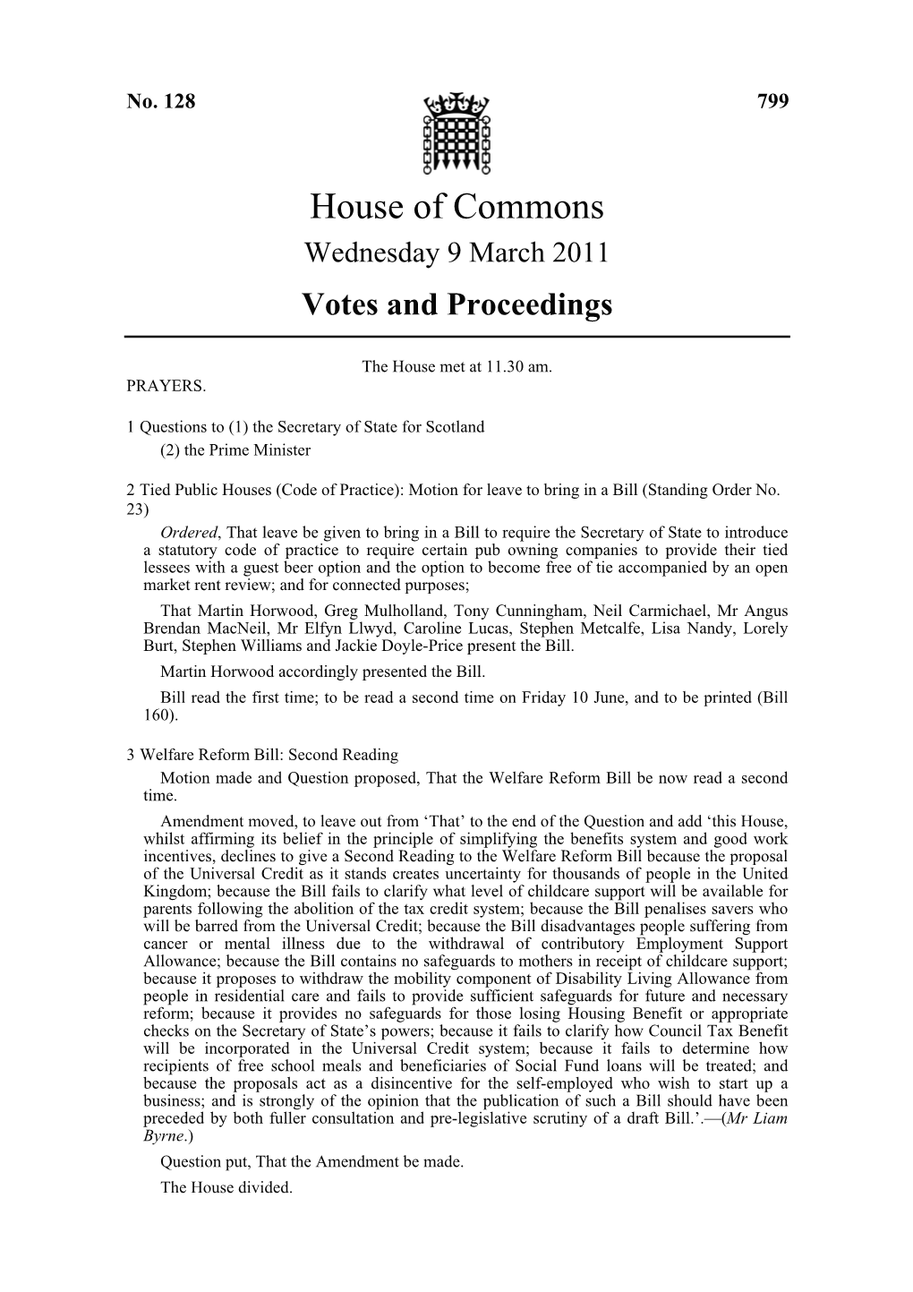 House of Commons Wednesday 9 March 2011 Votes and Proceedings