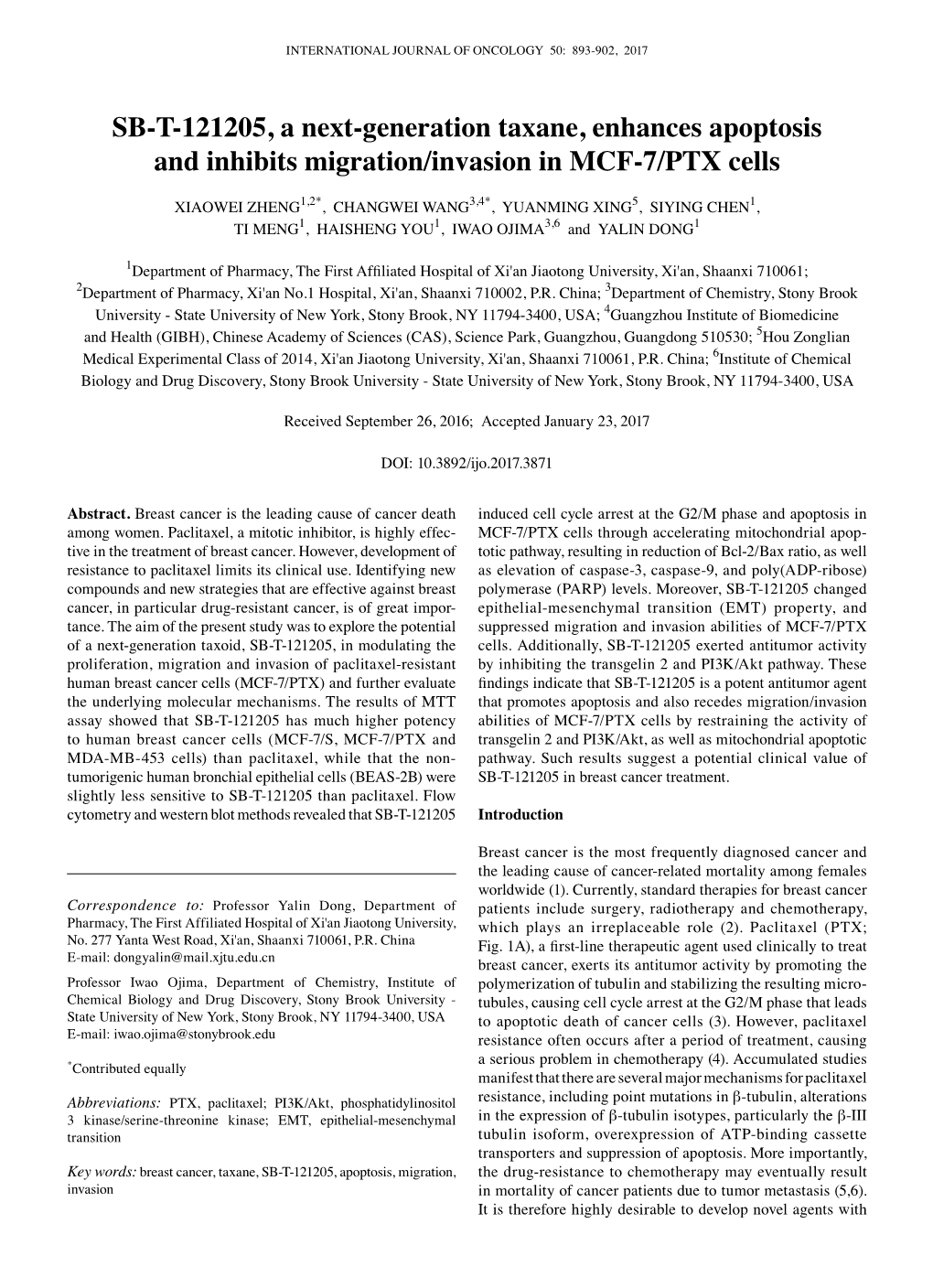 SB-T-121205, a Next-Generation Taxane, Enhances Apoptosis and Inhibits Migration/Invasion in MCF-7/PTX Cells