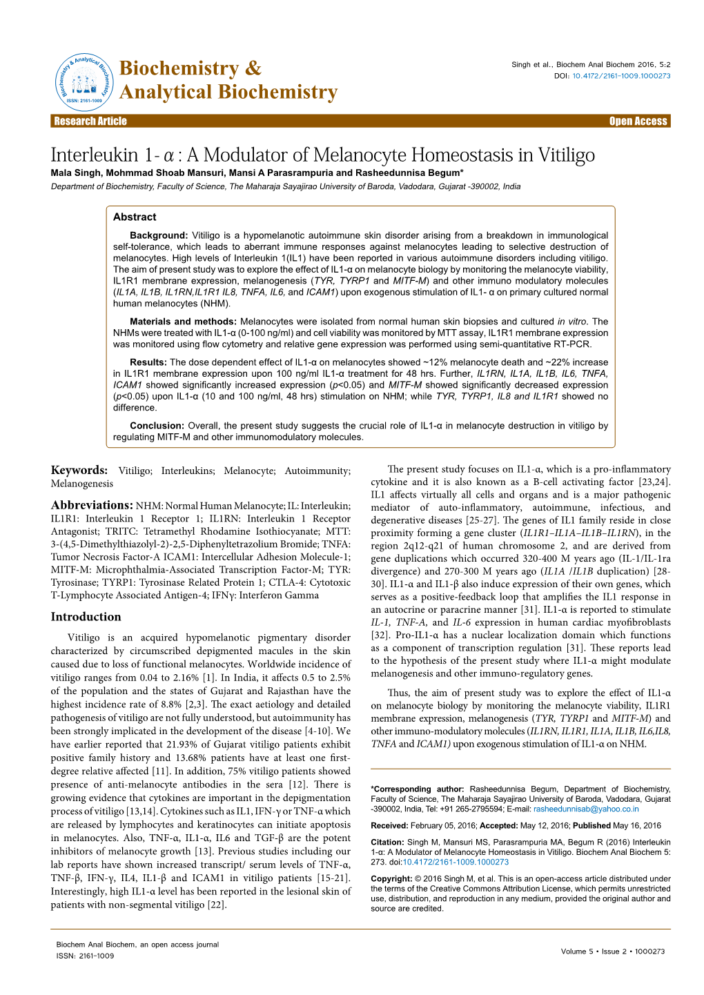 Interleukin 1-Α: a Modulator of Melanocyte Homeostasis in Vitiligo