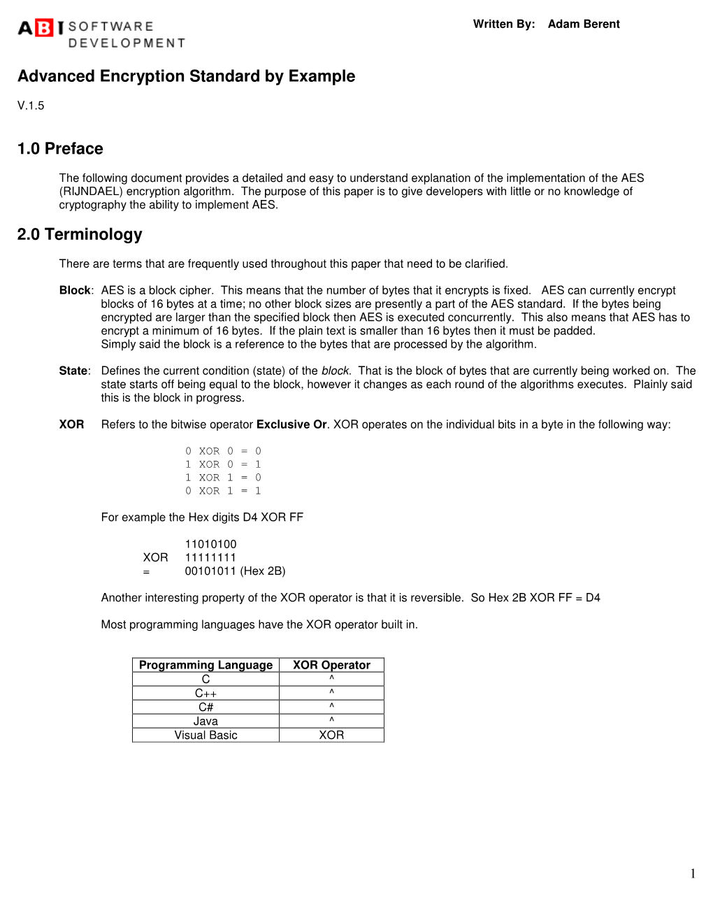 Advanced Encryption Standard by Example 1.0 Preface 2.0 Terminology