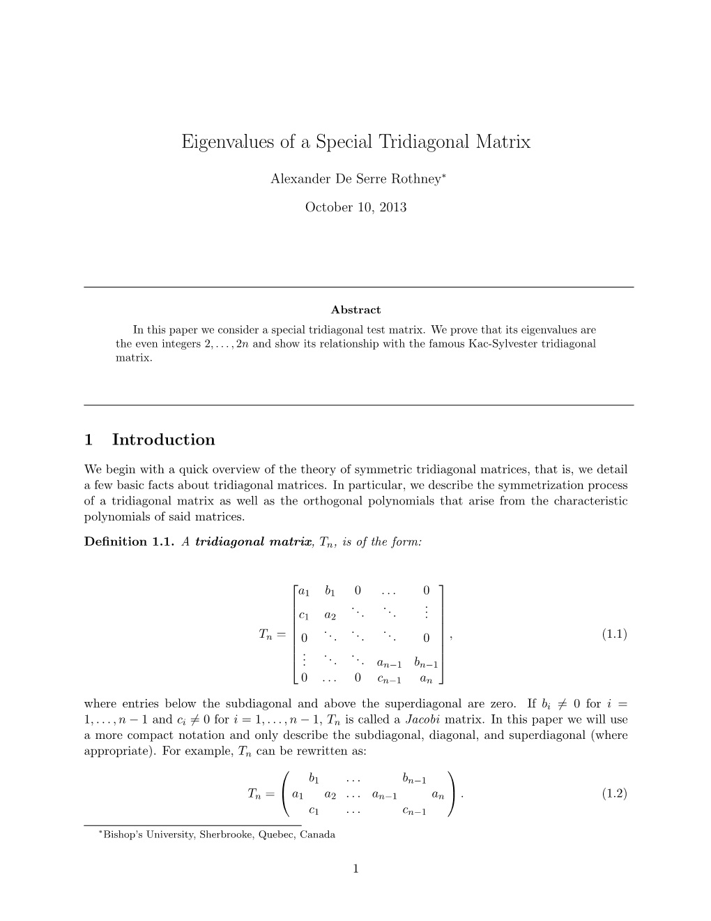 Eigenvalues of a Special Tridiagonal Matrix