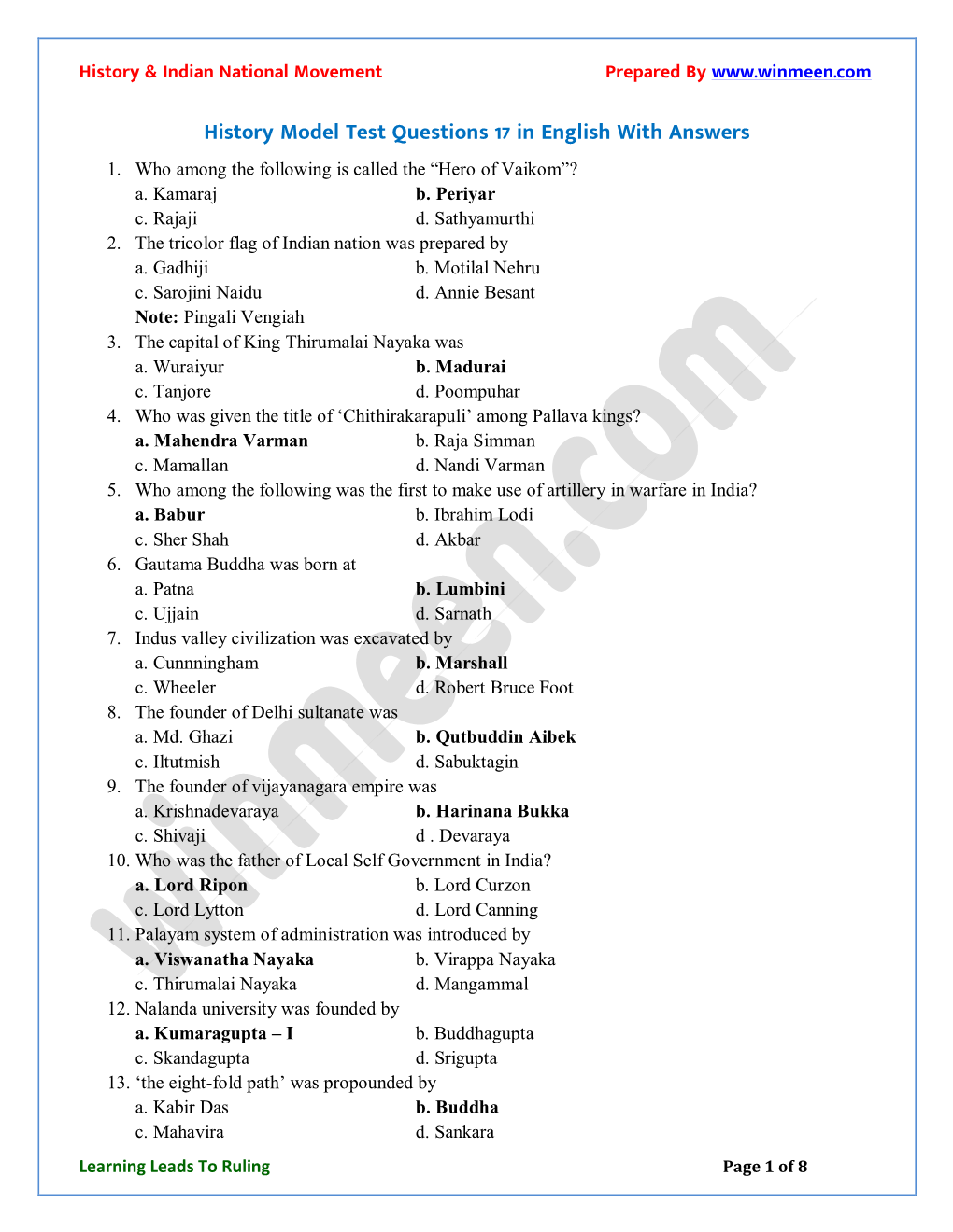 History Model Test Questions 17 in English with Answers 1