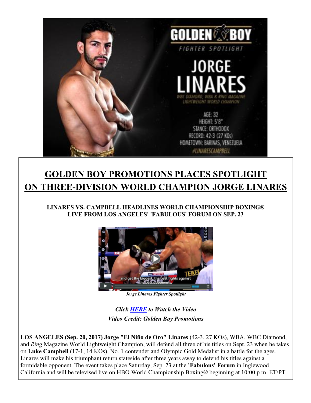 Golden Boy Promotions Places Spotlight on Three-Division World Champion Jorge Linares